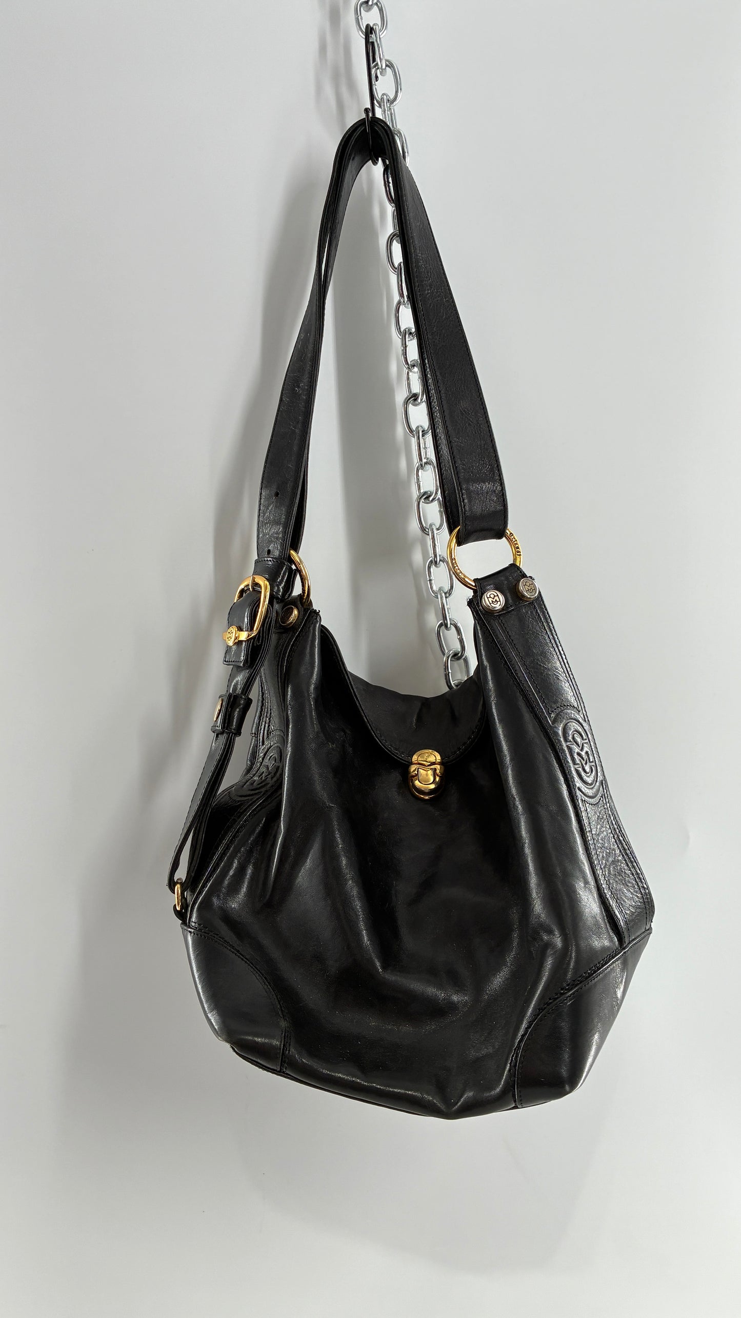 Vintage MARINO ORLANDI Black Leather Purse Made in Italy with Gold Embossed Hardware