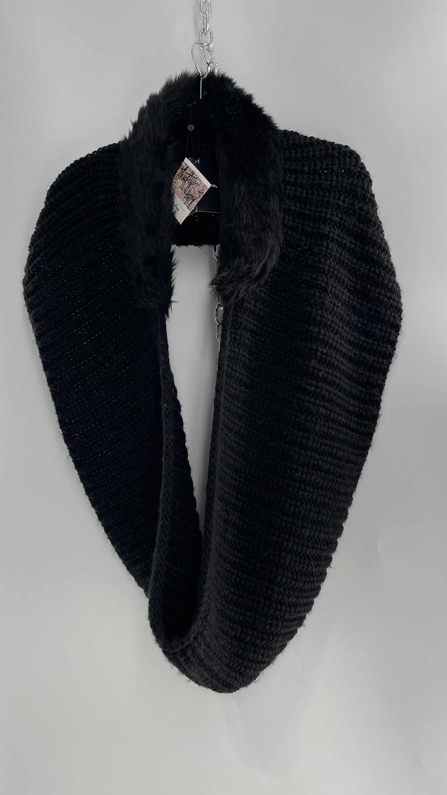 Comma Black Knit Infinity Scarf with Fur Trim Collar and Tags Attached