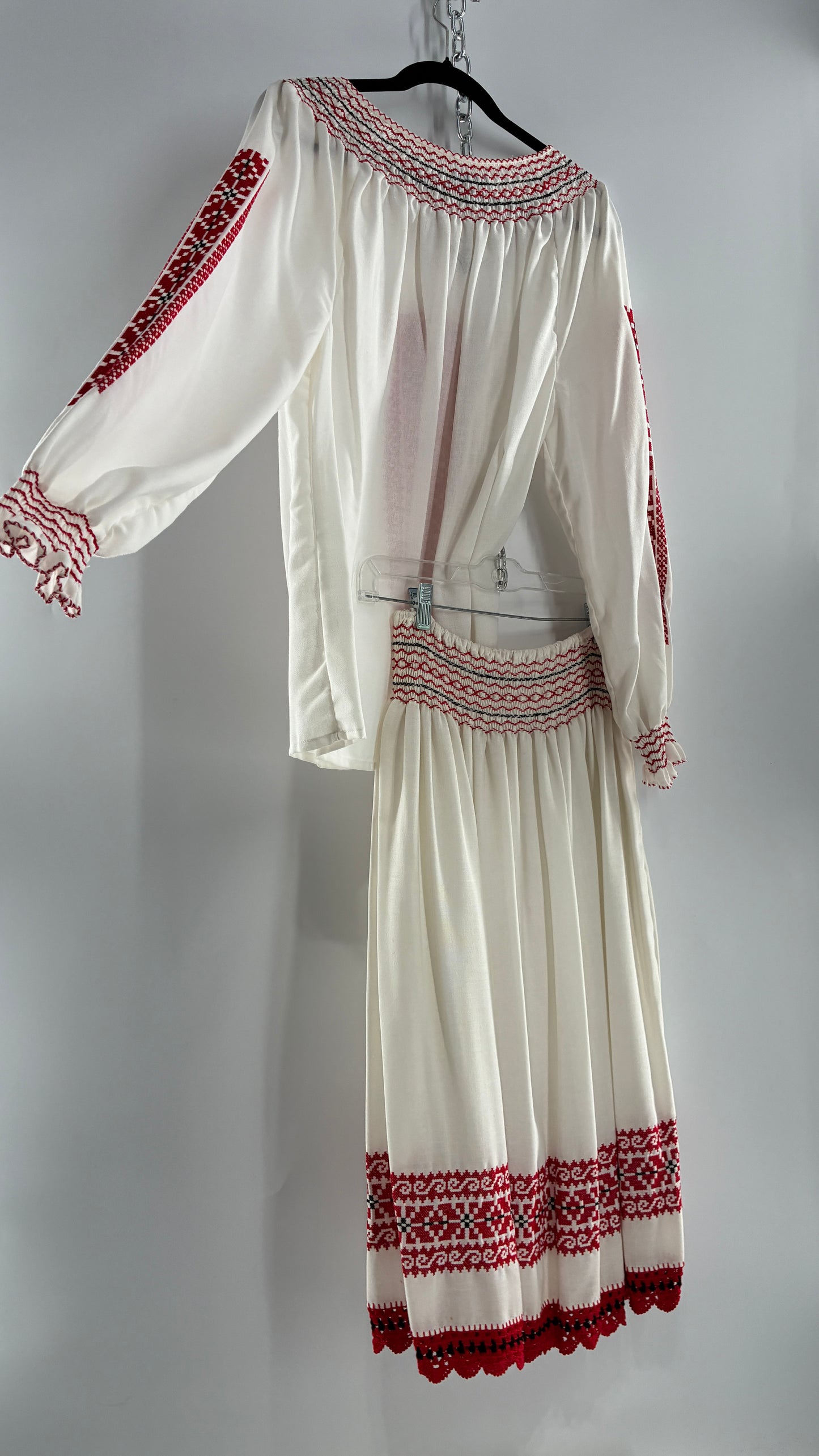 Vintage 1970s LUX FOLKLOR Budapest Handmade Cotton Long Sleeve and Skirt Covered in Red Embroidery and Stitching