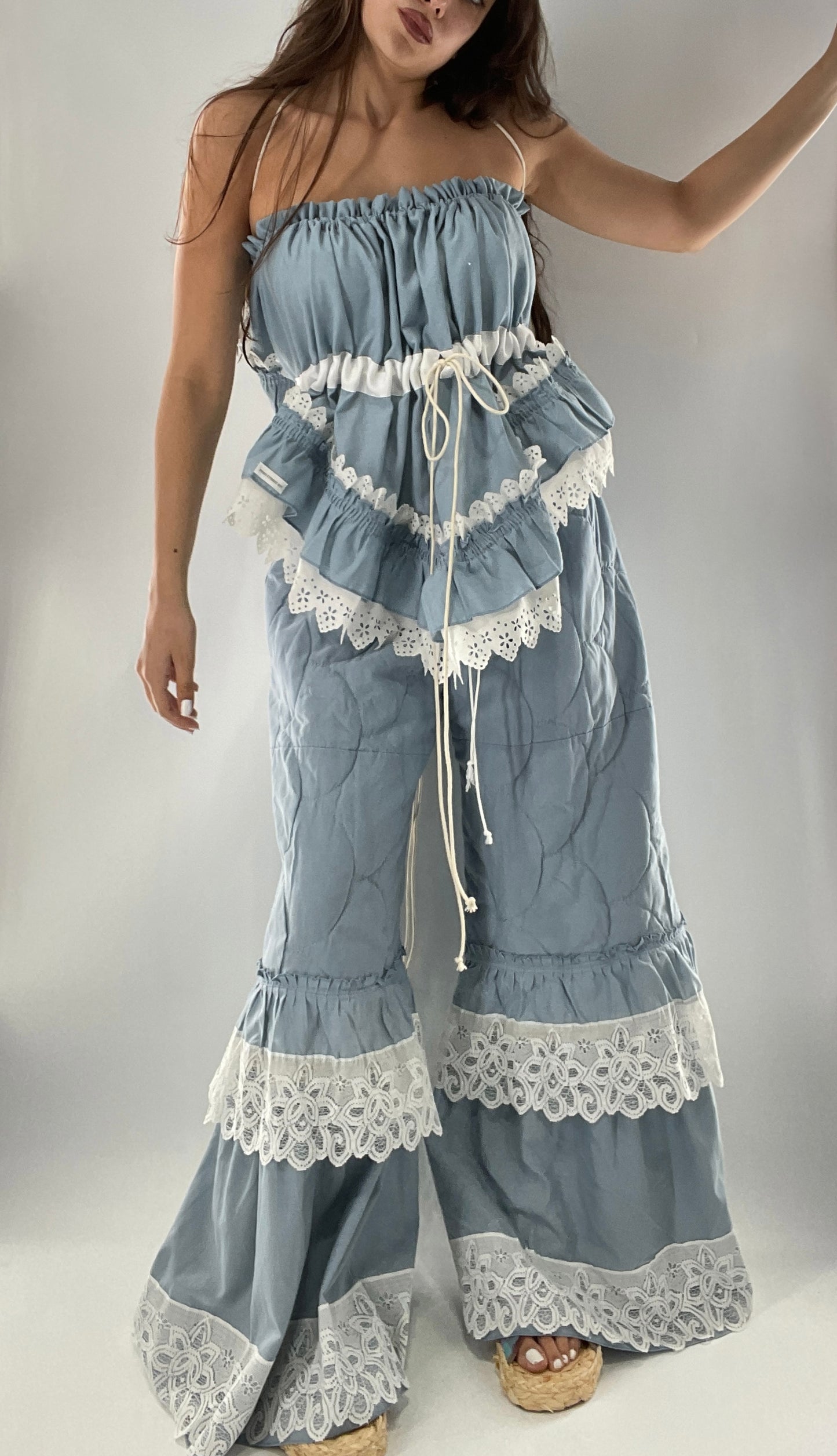 Vintage 2 Piece Powder Blue Set Featuring 2Way Blouse and Quilted Trousers Covered in Ruffles, Lace and Trim (One Size)