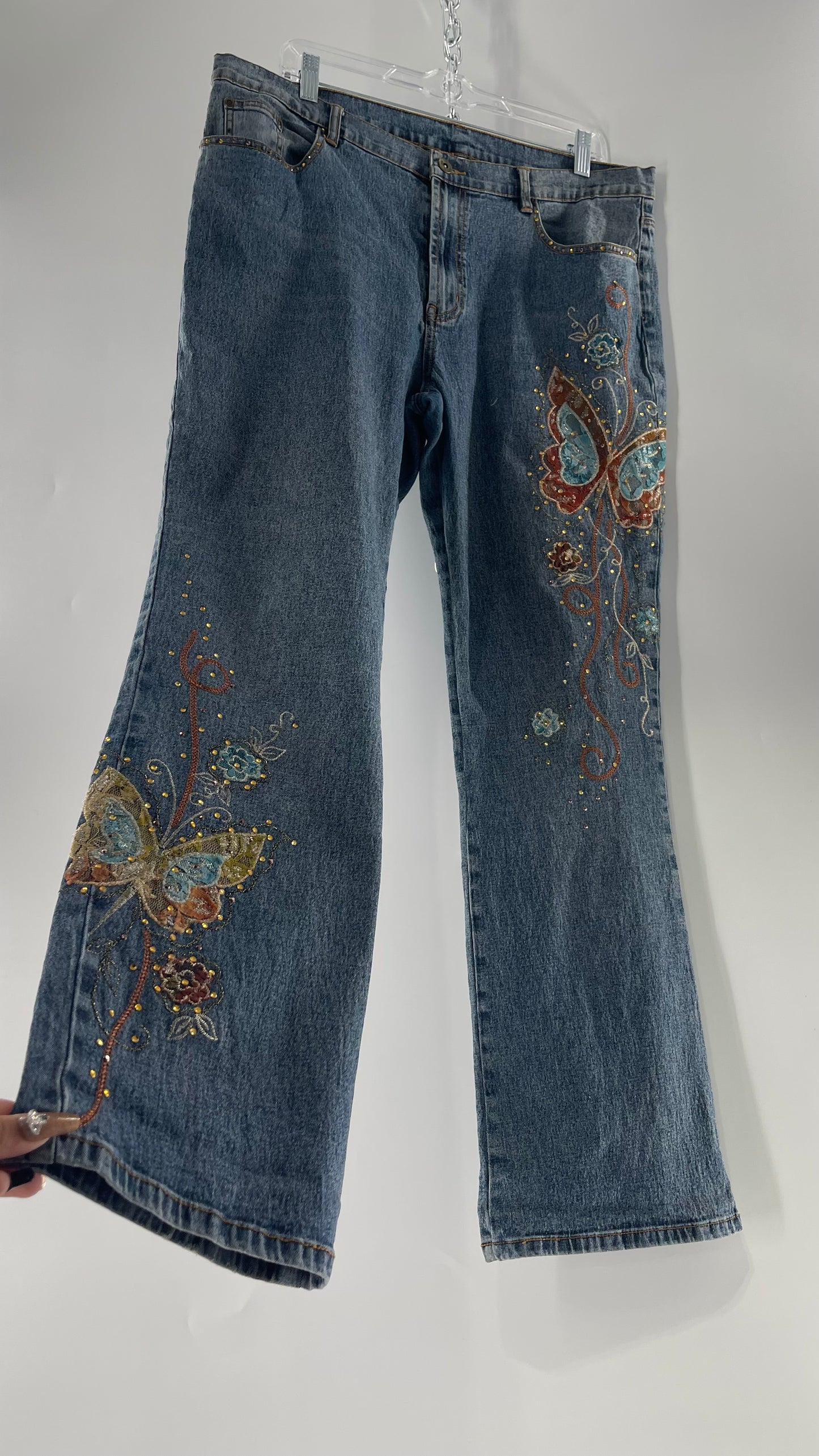 Vintage Diane Gilman Kickflare Denim with Embroidered Butterfly Motifs (14)
