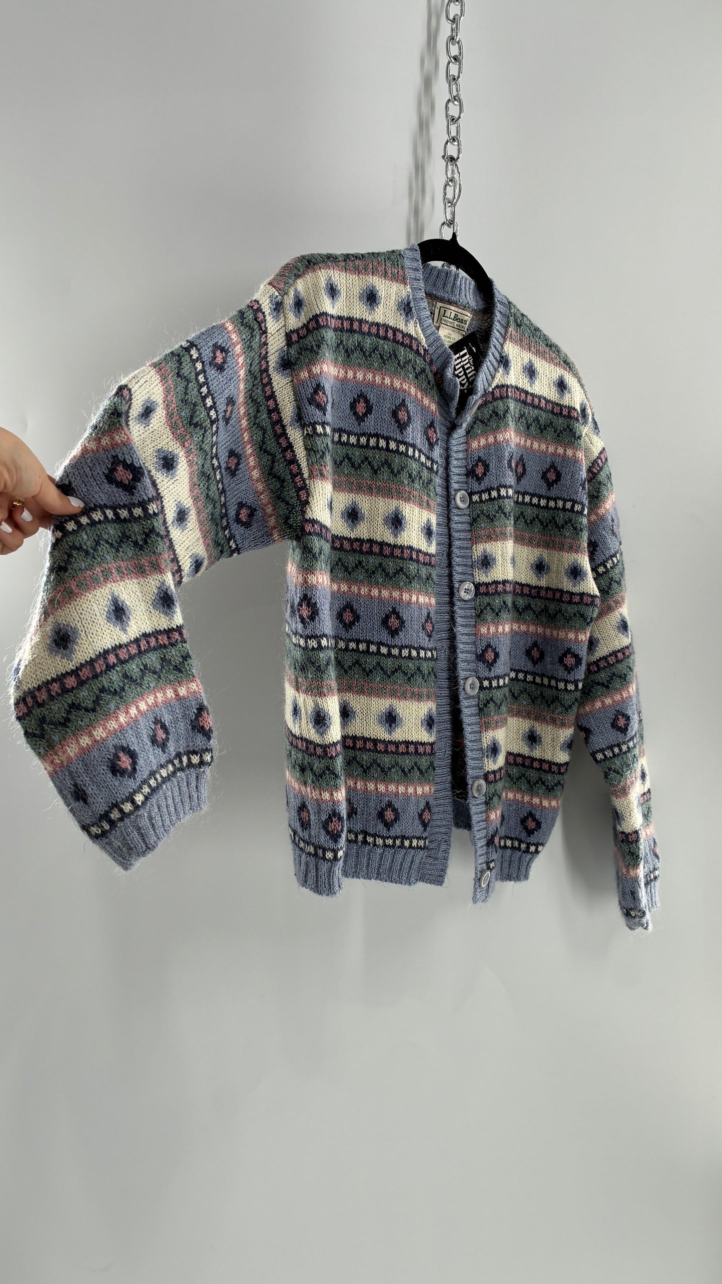 Vintage LL Bean 25% Mohair Striped Knit Blue Green Pink Cardigan (XL)