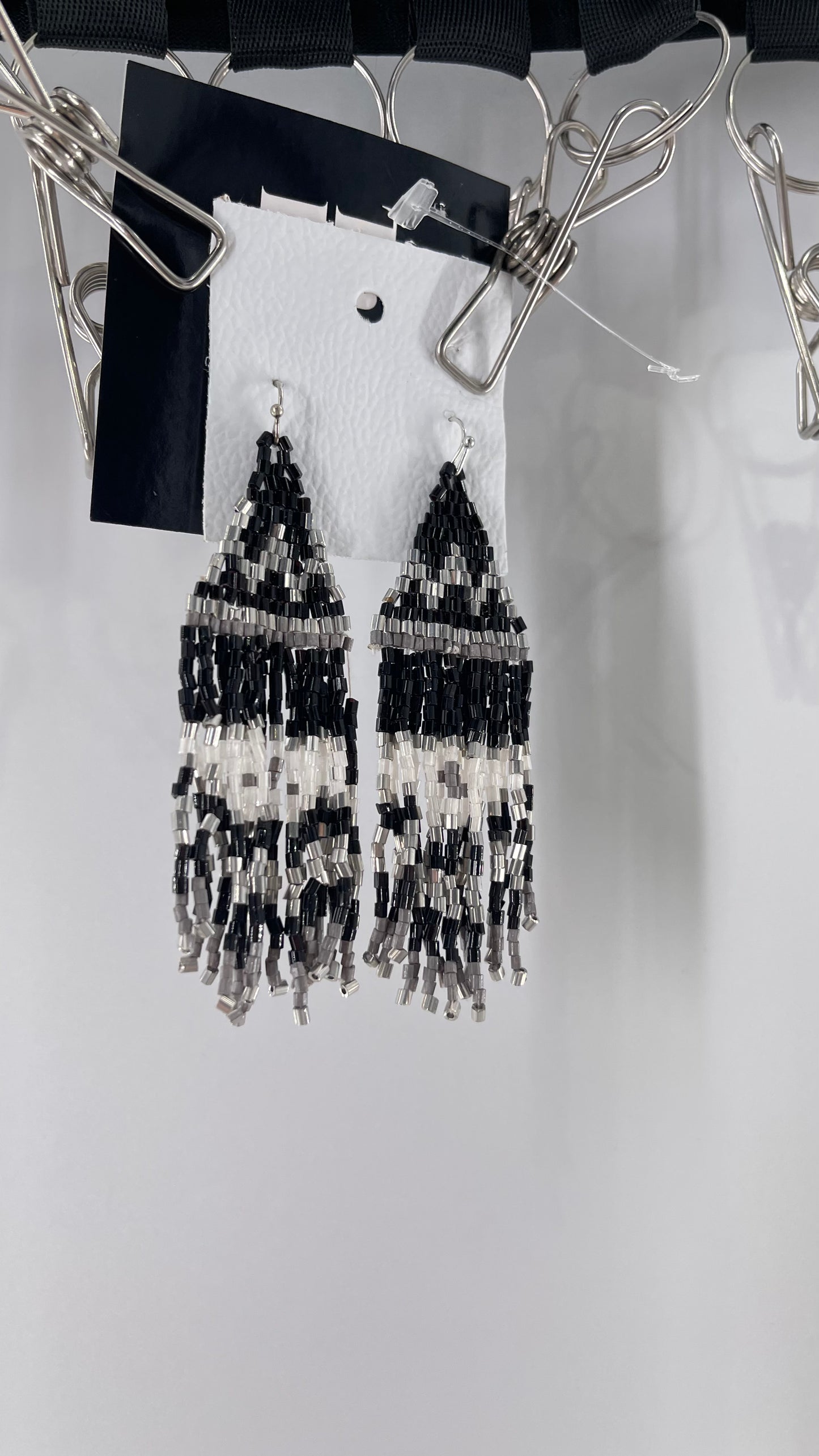 Free People Beaded Bohemian Black White Silver Earring with Tags Attached