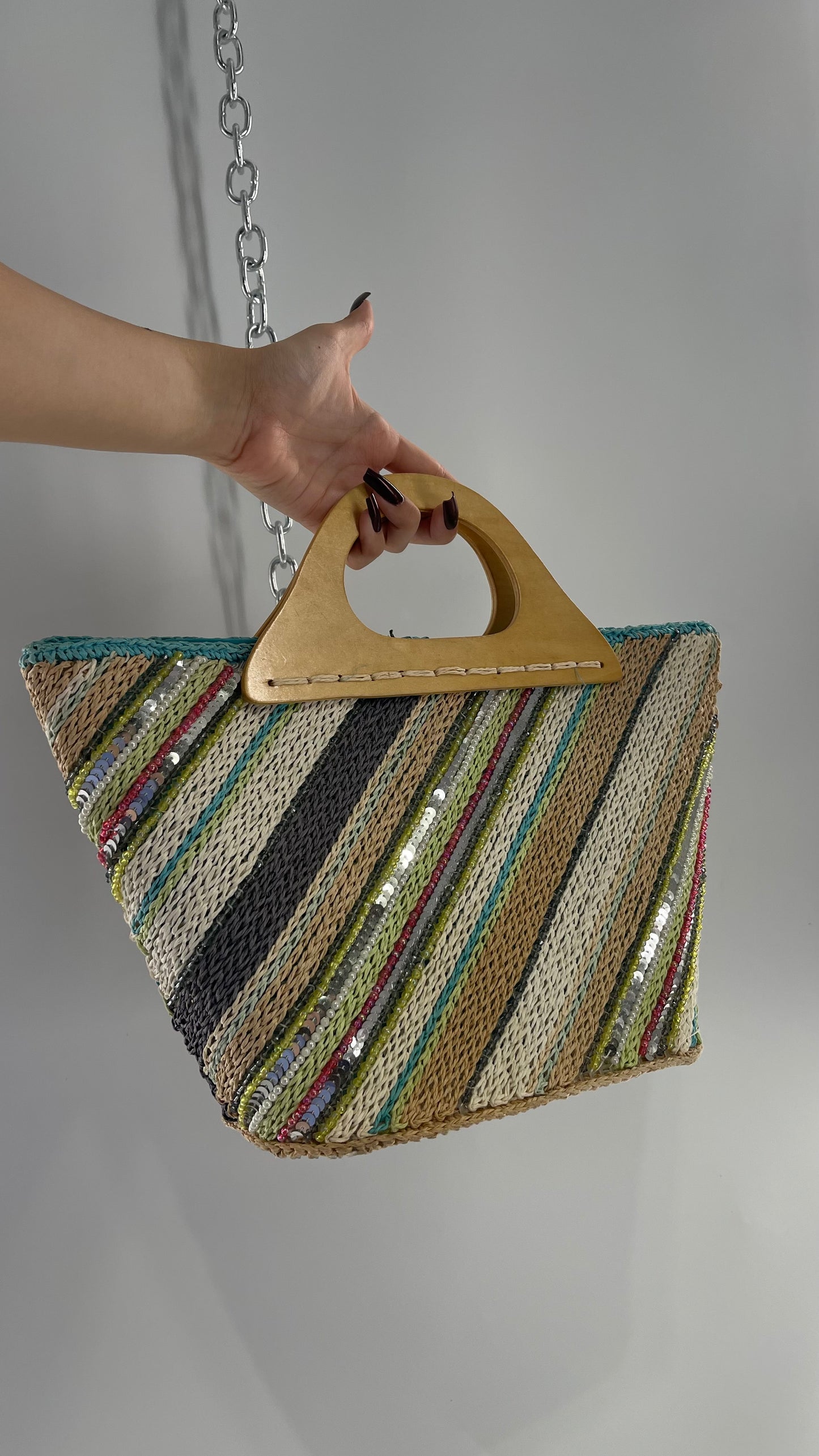 Vintage Woven Straw Purse with Sequins and Beaded Details
