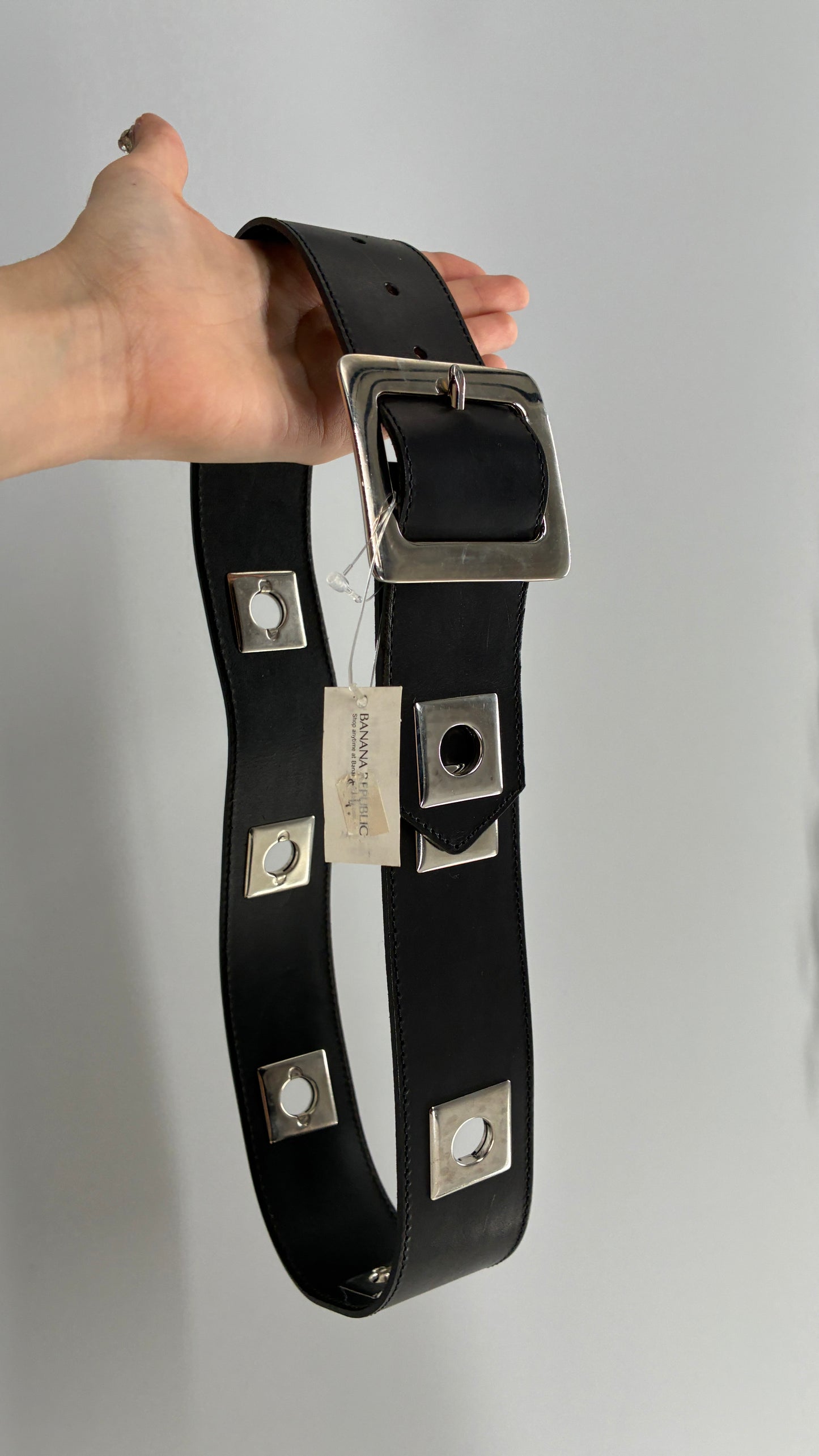 BANANA REPUBLIC Black Thick Leather Belt with Heavy Metal Details, Exaggerated Buckle, and Tags Attached (Small)