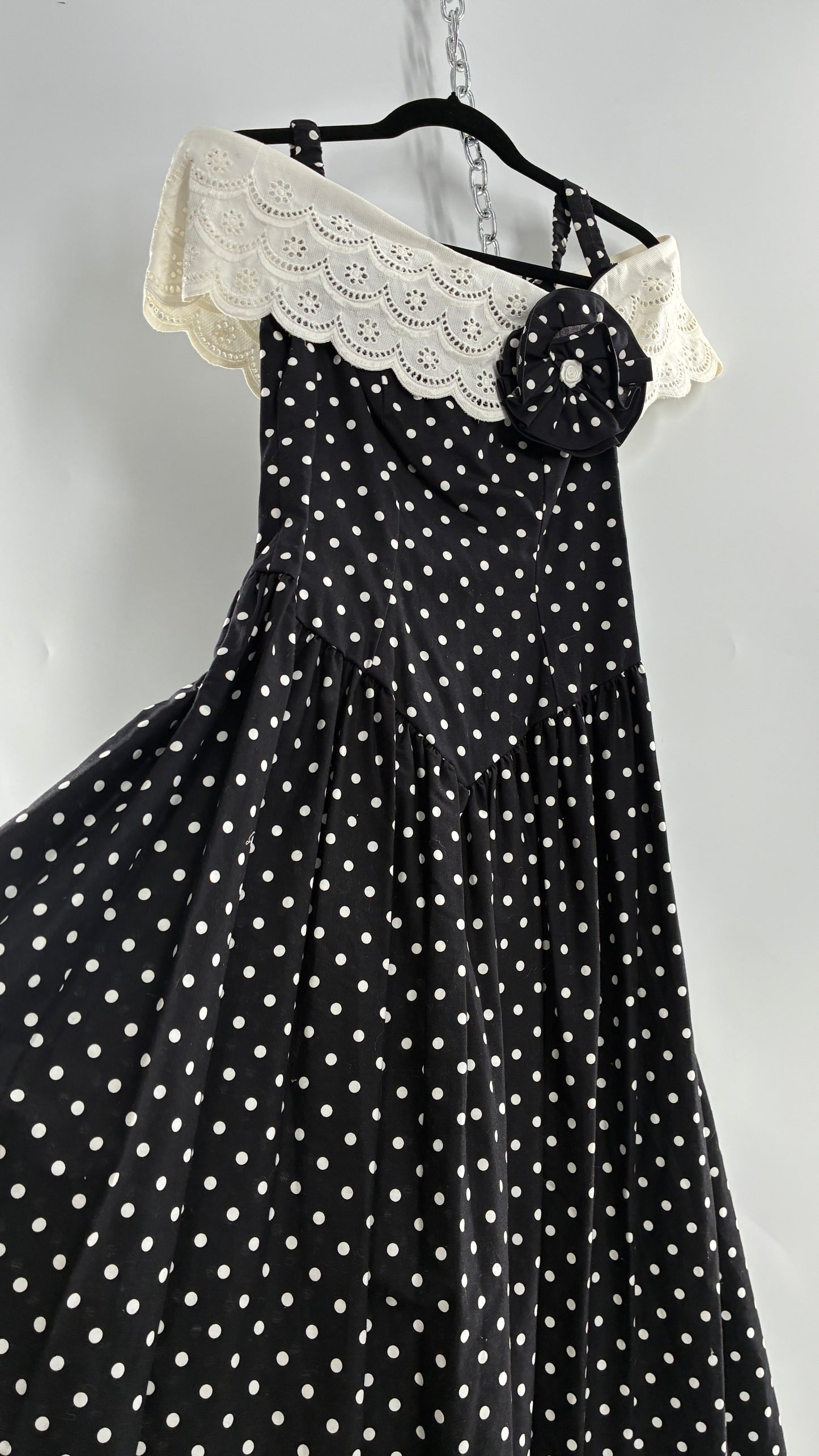 Vintage Handmade Black and White Polka Dot Pointed Waistline Gown with Off the Shoulder Stiff Lace Straps and Rosette Detail (8)