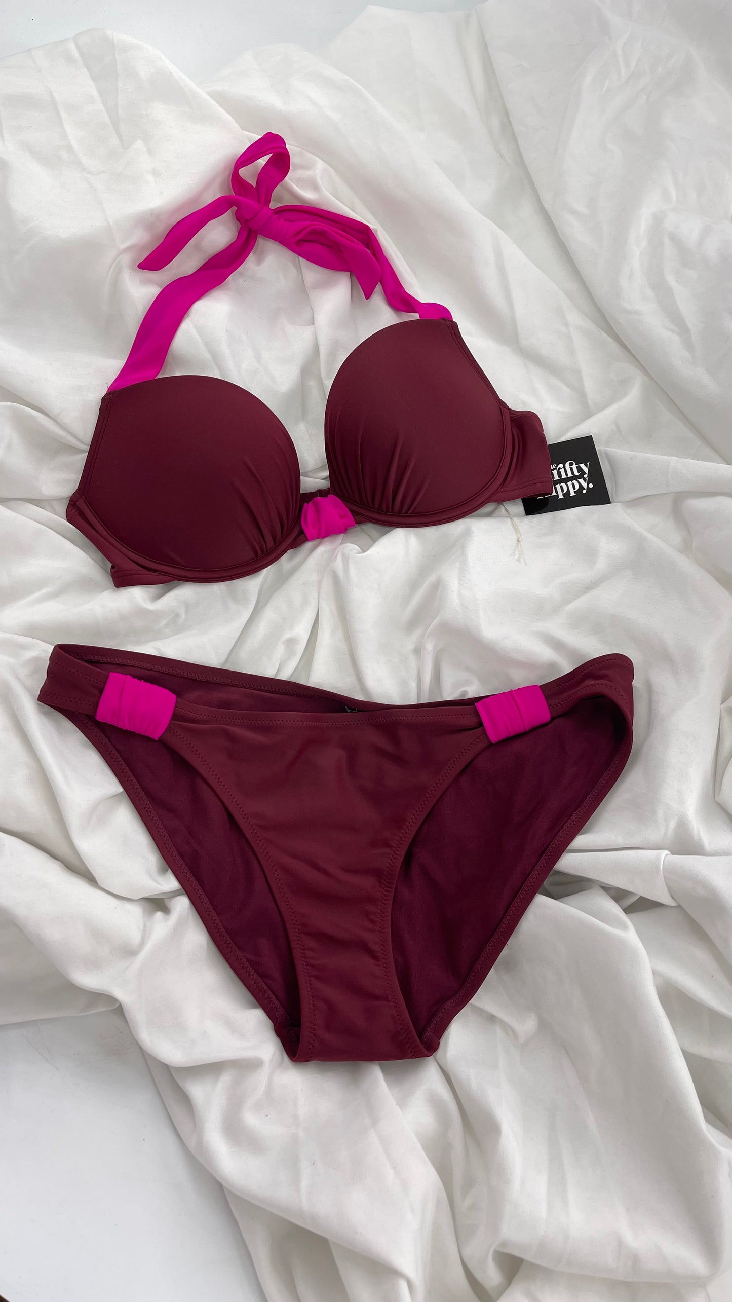 AERIE Burgundy Padded Underwire Swim Top Set with Fuchsia Details (36C/L Bottoms)