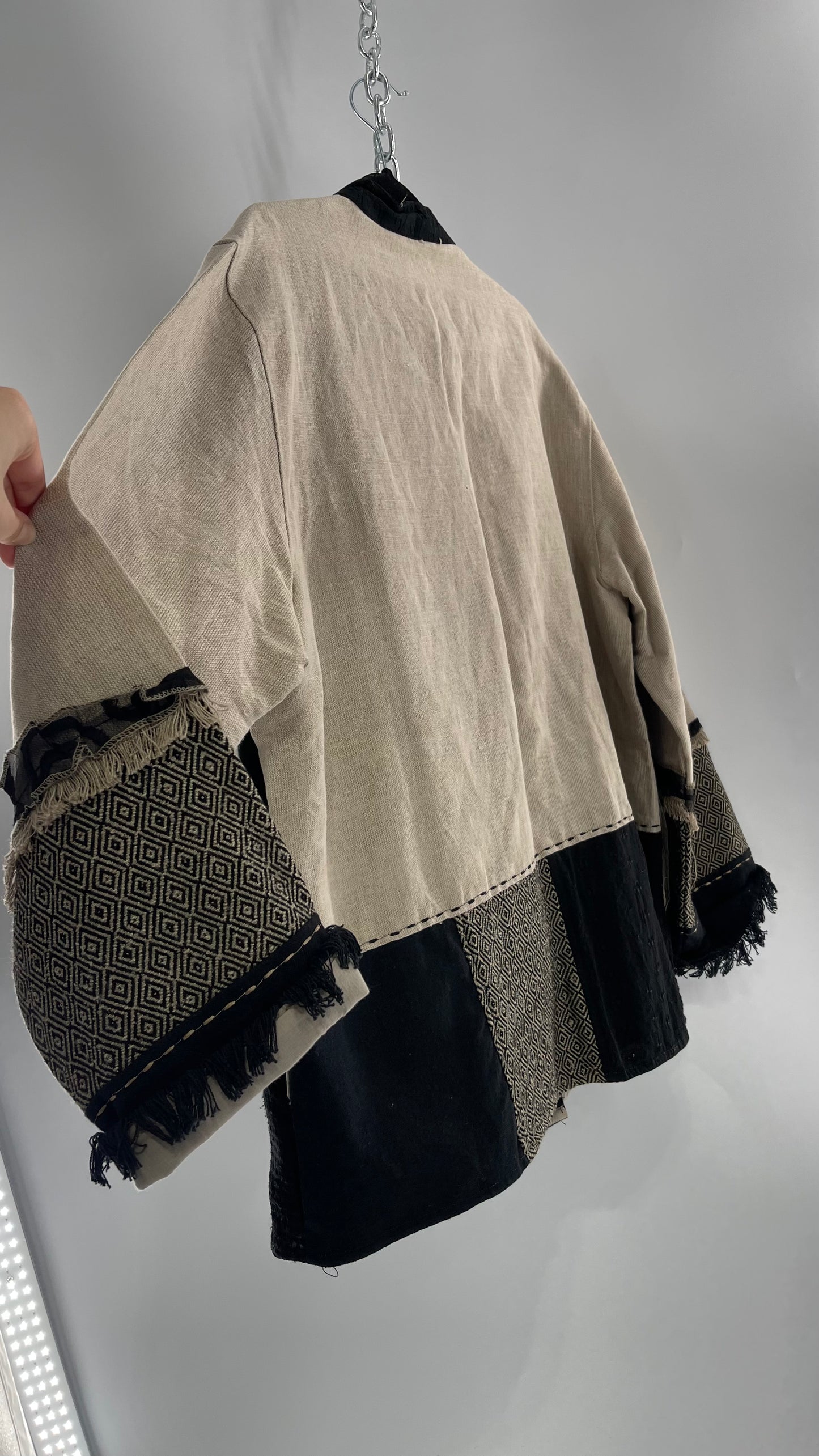 Deadstock Vintage Flashback Patchwork Coat with Mixed Neutral Fabrics, Embroidery and Fringe Details (Large)