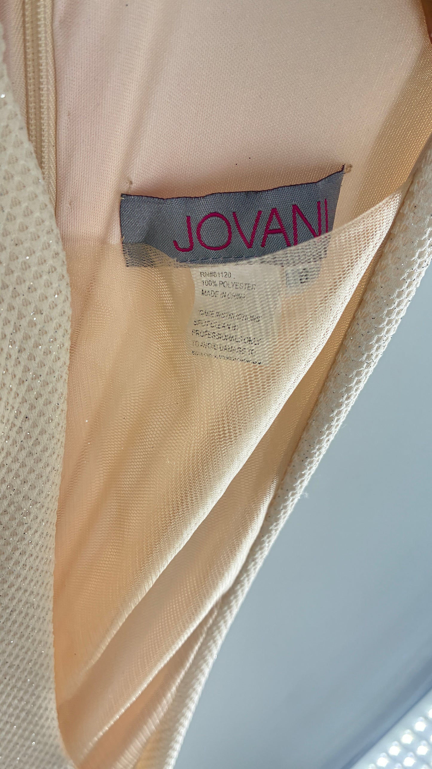 Vintage JOVANI Ivory Glittery Full Length Gown with Sheer Side Panels, Hourglass Illusion, and Pin Up Train (8)