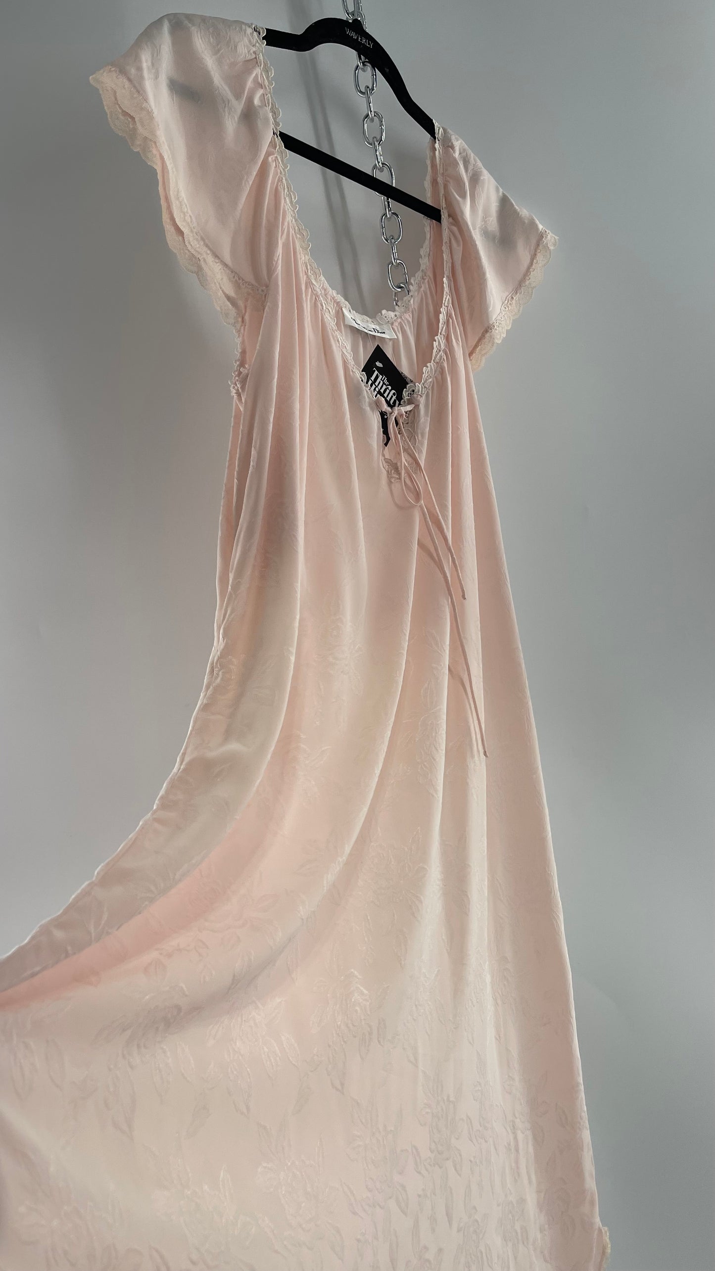 Vintage Christian Dior Pink Night Gown/ Maxi Dress with Floral Embossed Design, Lace Trim and Rosettes (Large)