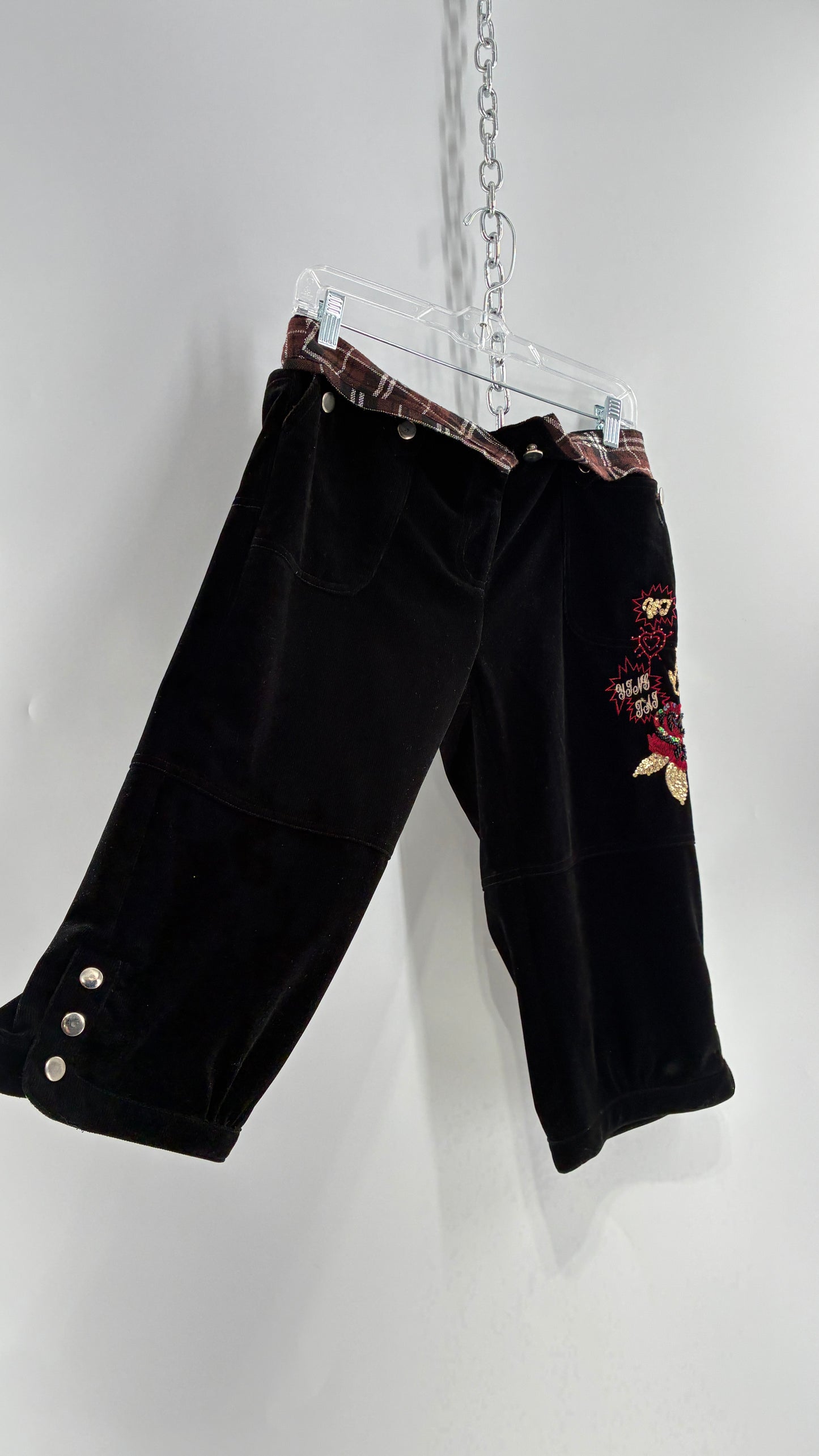 Vintage Black Corduroy Capris with Full Thigh Embroidery, Silver Buttons, and Woven Plaid Waistline (30)