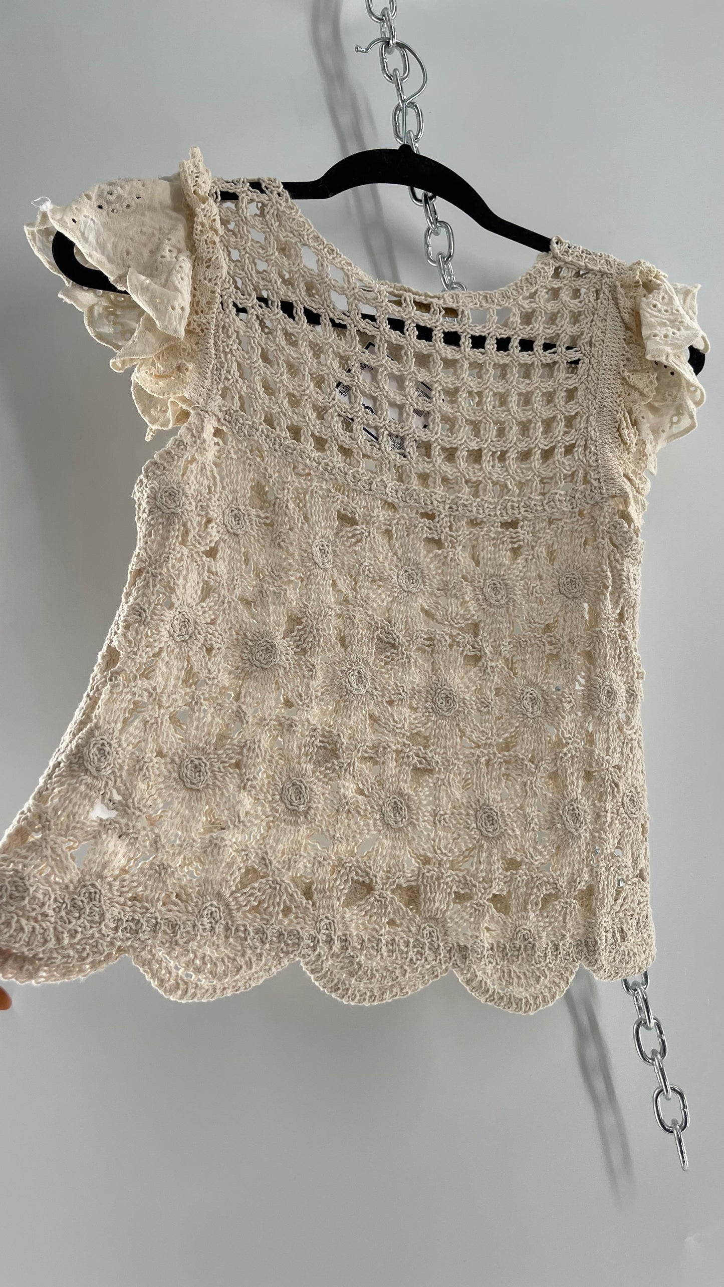Bishop + Young Anthropologie Crochet Tank with Scalloped Hem and Lace Lined Sleeves (XS)