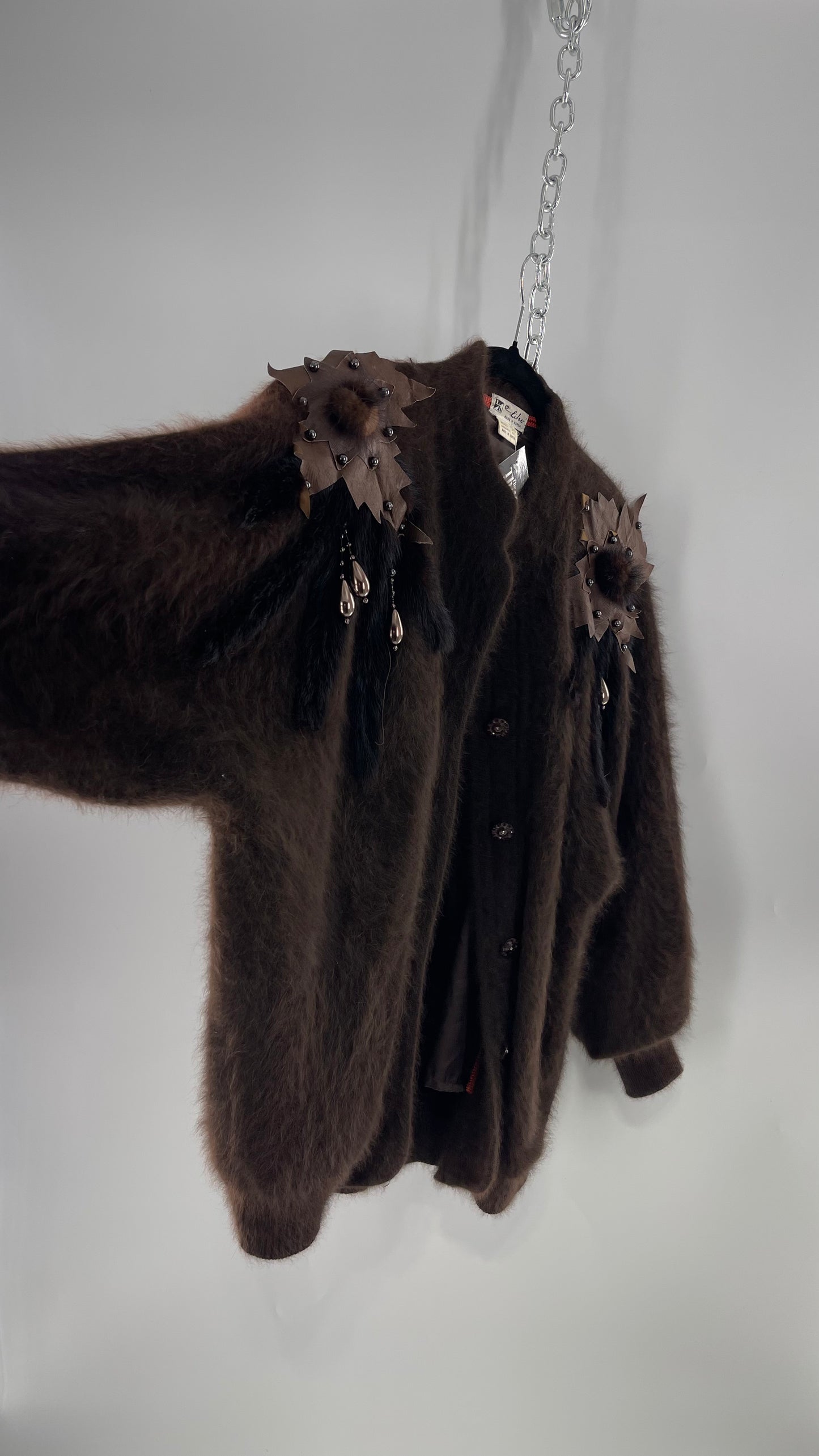 Liho Korean Vintage Brown Cardigan with Leather, Fur and Beaded Detailing 15% Wool 75% Angora  (C)(Medium)