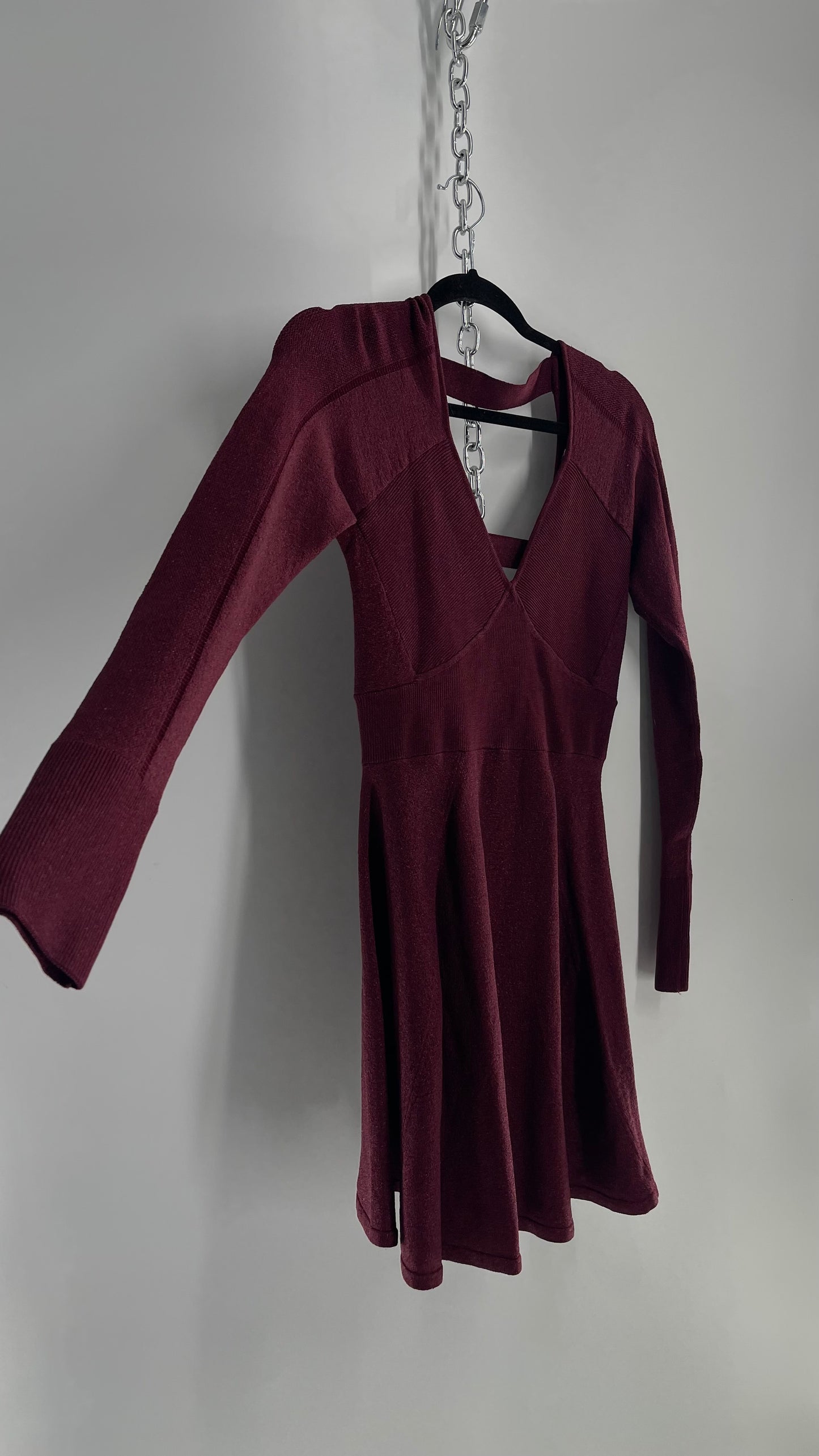 Free People Plum Tinsel Sparkle Long Sleeve Knit Mini Dress (Small)