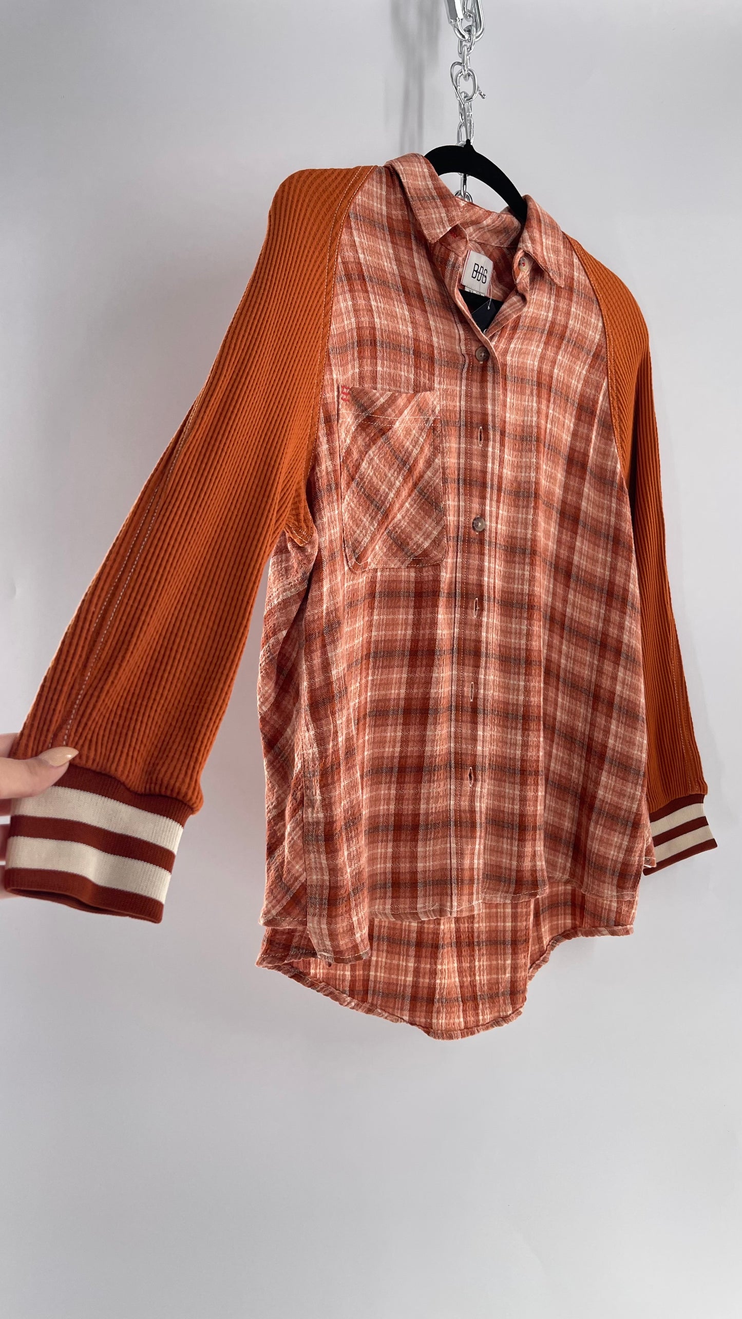 BDG Burnt Orange Flannel with Waffle Knit Sleeves (XS)