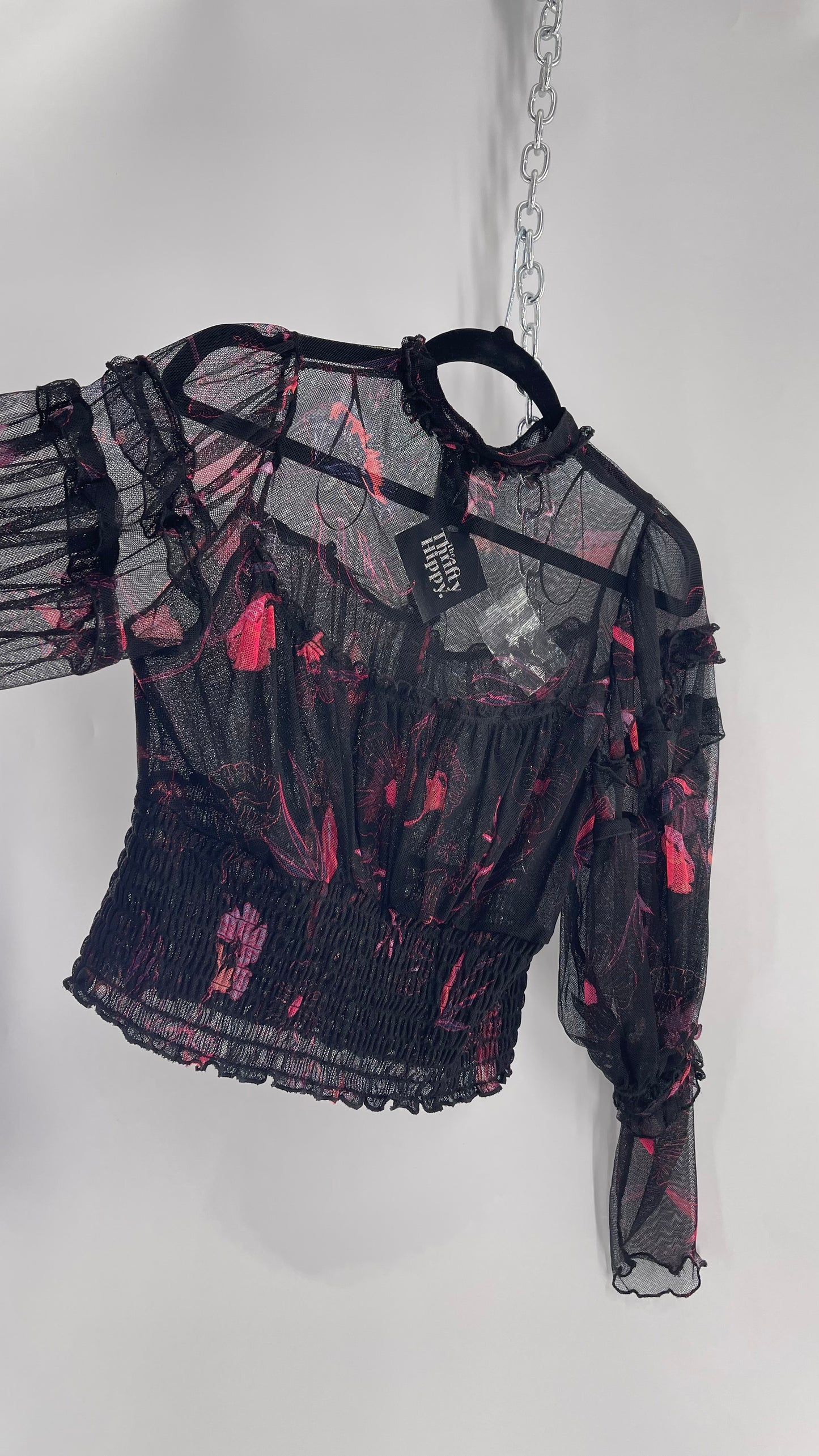 Free People Black Mesh Top with Smocked Waist, Buttoning and Contrasting Florals (Medium)