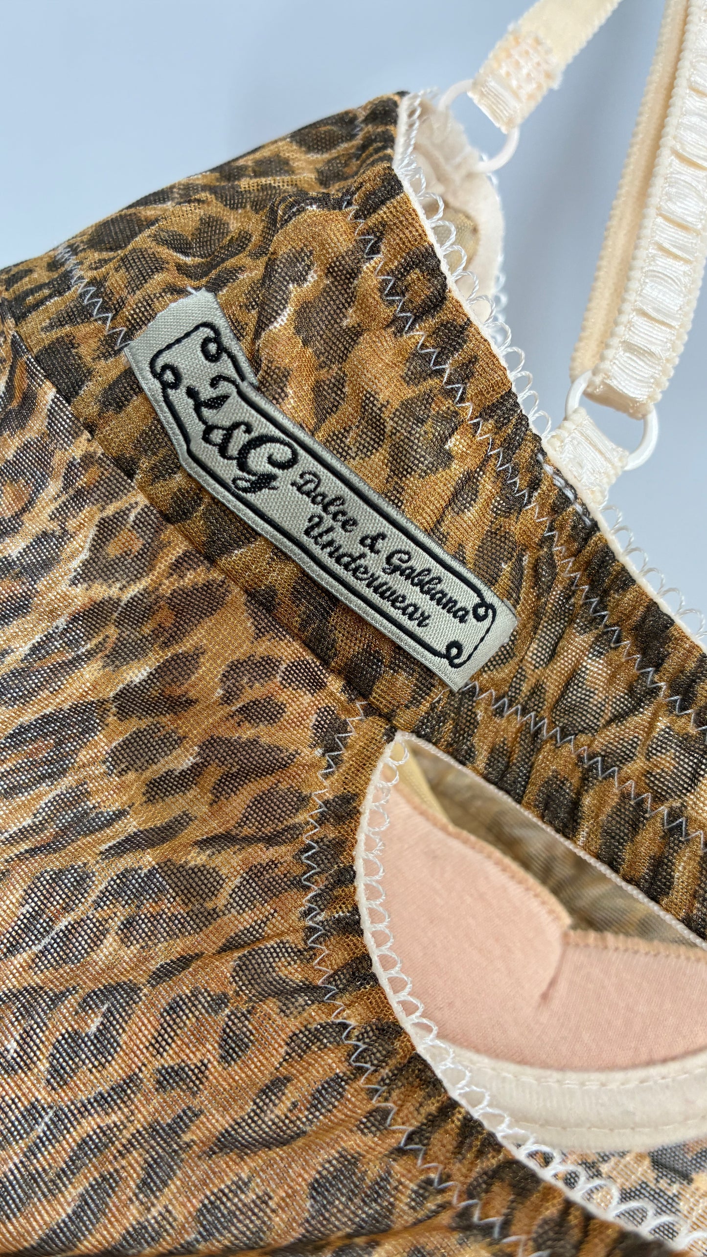 Vintage 1990s Dolce & Gabanna Cheetah Mesh Babydoll Camisole with Underwire Ruched Bust, Rosette and Branded Appliqué Tag (Large)