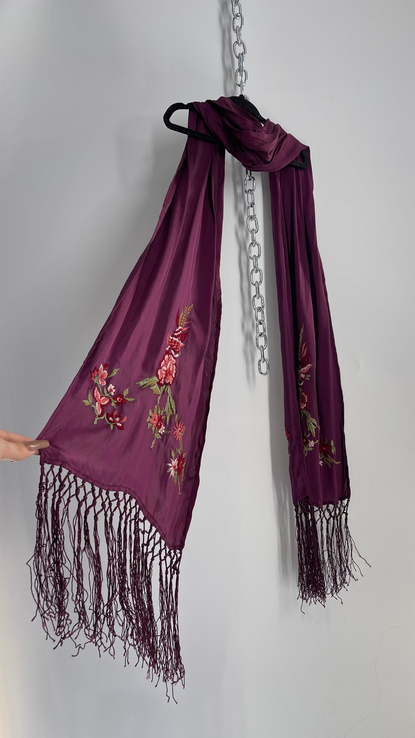 April Cornell 100% Silk Purple Embroidered Florals Fringe Scarf