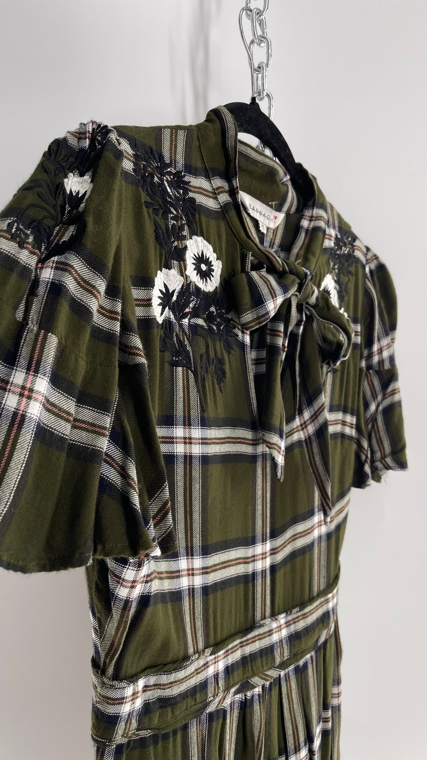 Ranna Gill Anthropologie Army Green Plaid Dress with Floral Embroidery and Bow Tie Detail (XS)