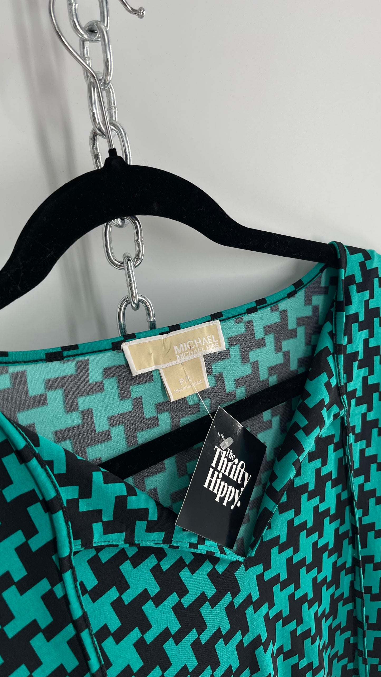 Michael Kors Teal Houndstooth Blouse (Petite Large)