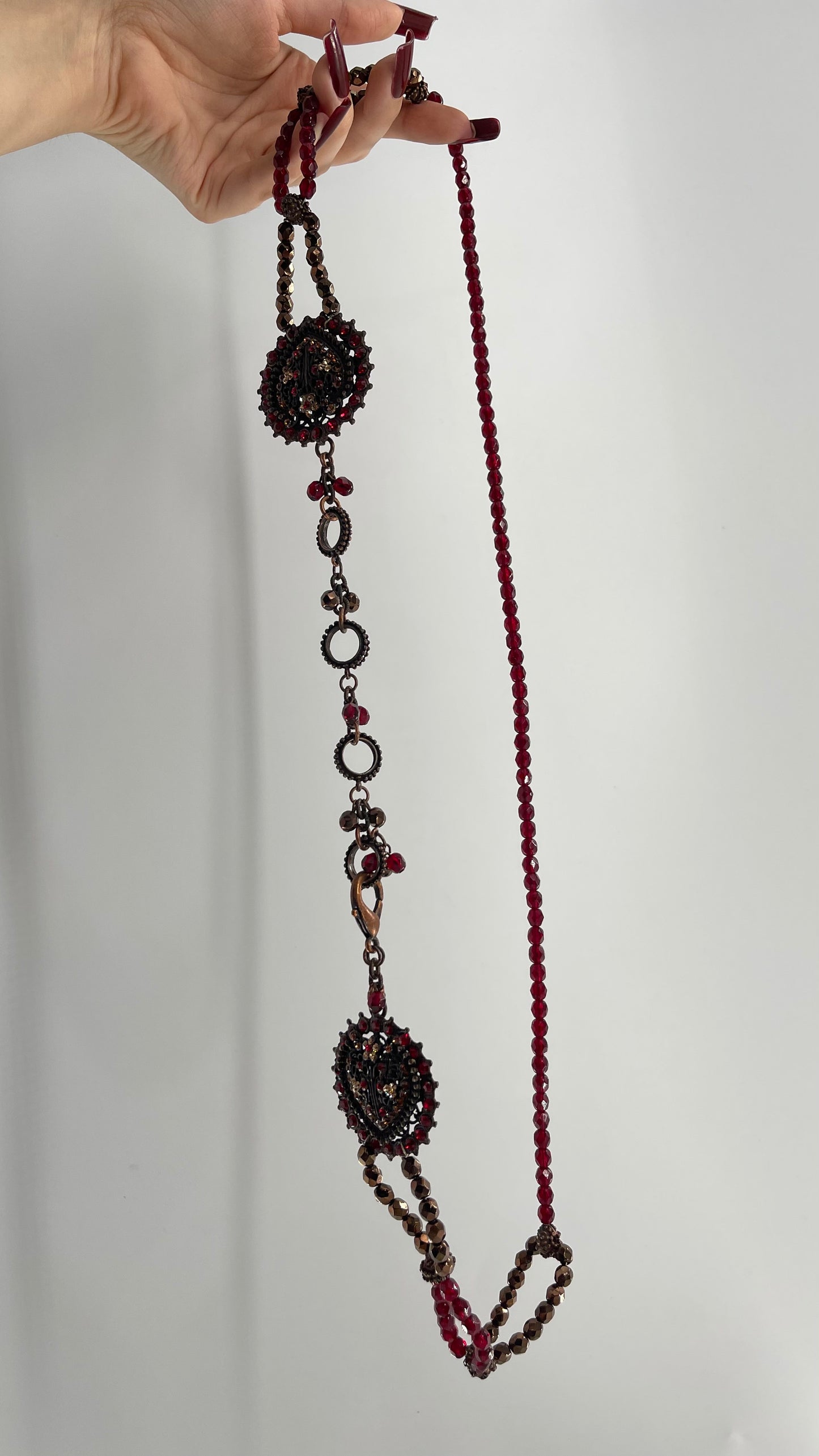 Vintage Crimson Red, BeadedWaist Chain Belt with Stone and Embossed Medallion Details