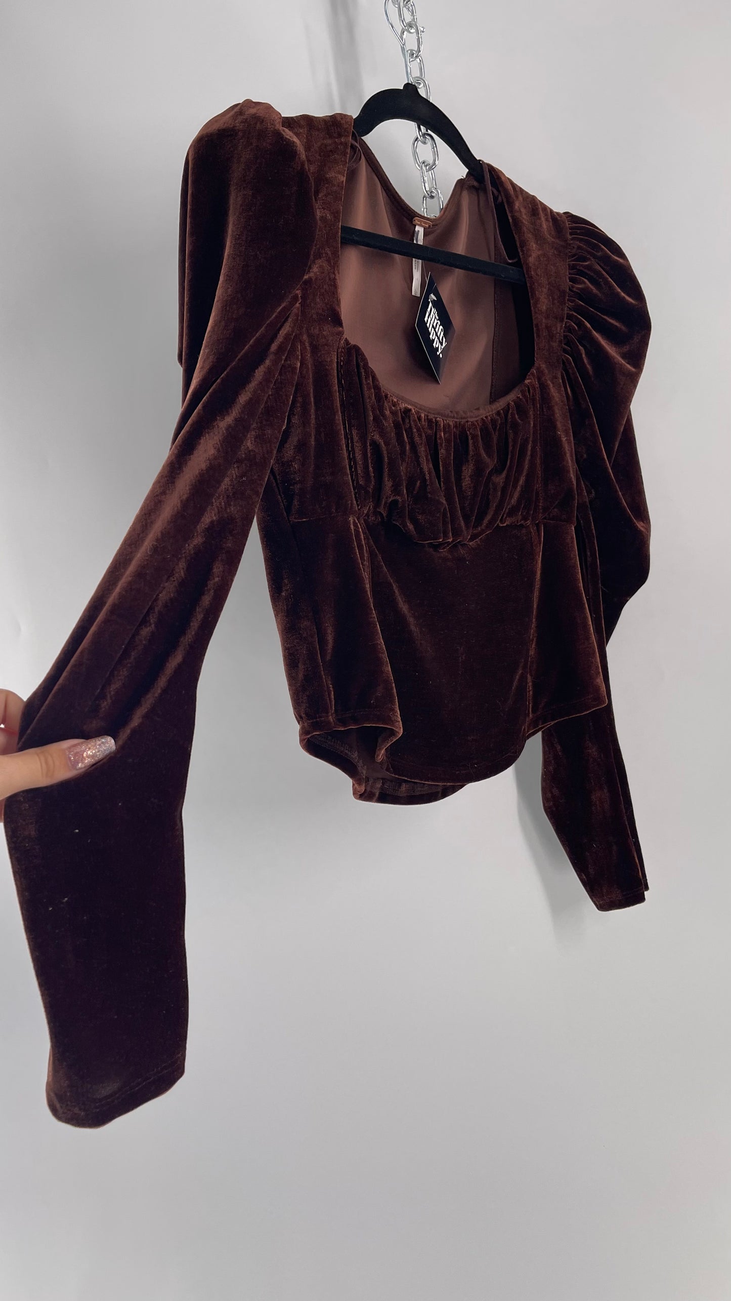 Free People Dark Brown Velvet Long Sleeve Cropped Blouse with Milkmaid Neckline and Renaissance Puff Shoulder (Large)