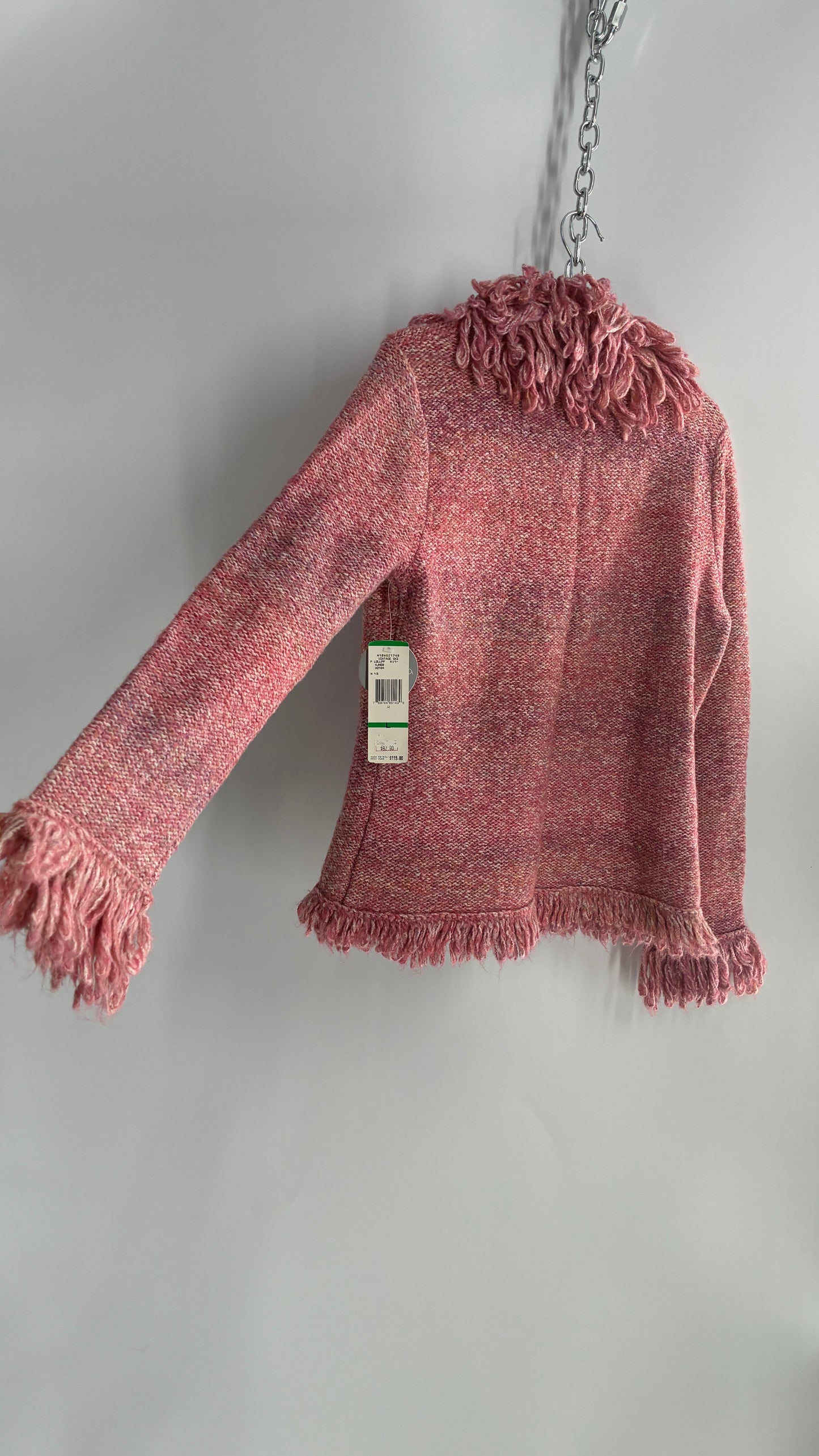Nine West Pink Knit Cardigan Jacket with Exaggerated Fringe Collar and Cuffs (Large)