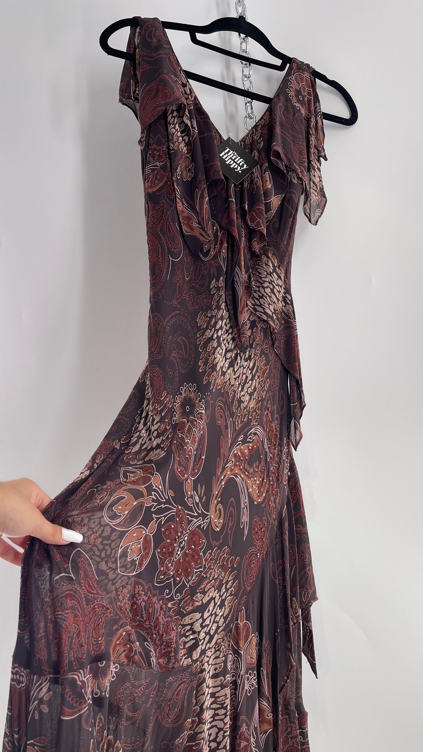 Vintage 90s EVA BLUE Brown MIDI dress with beading and Handkerchief Fairy Hem (10)