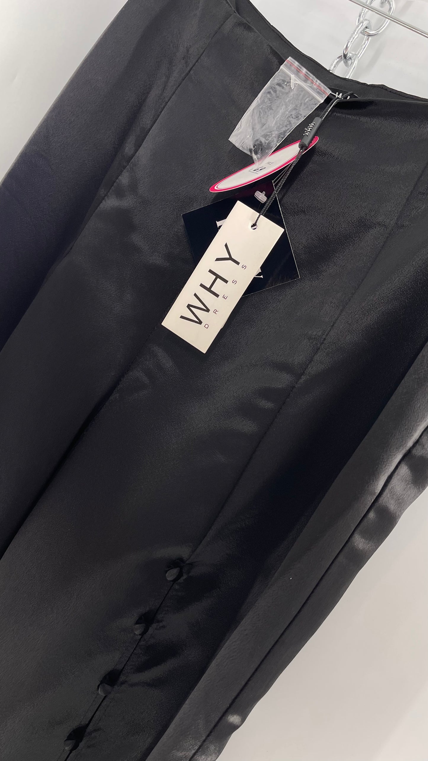 WHY Sultry Steps Black Satin Wide Leg Trouser with Vertical Strip of Satin Buttons (Medium)