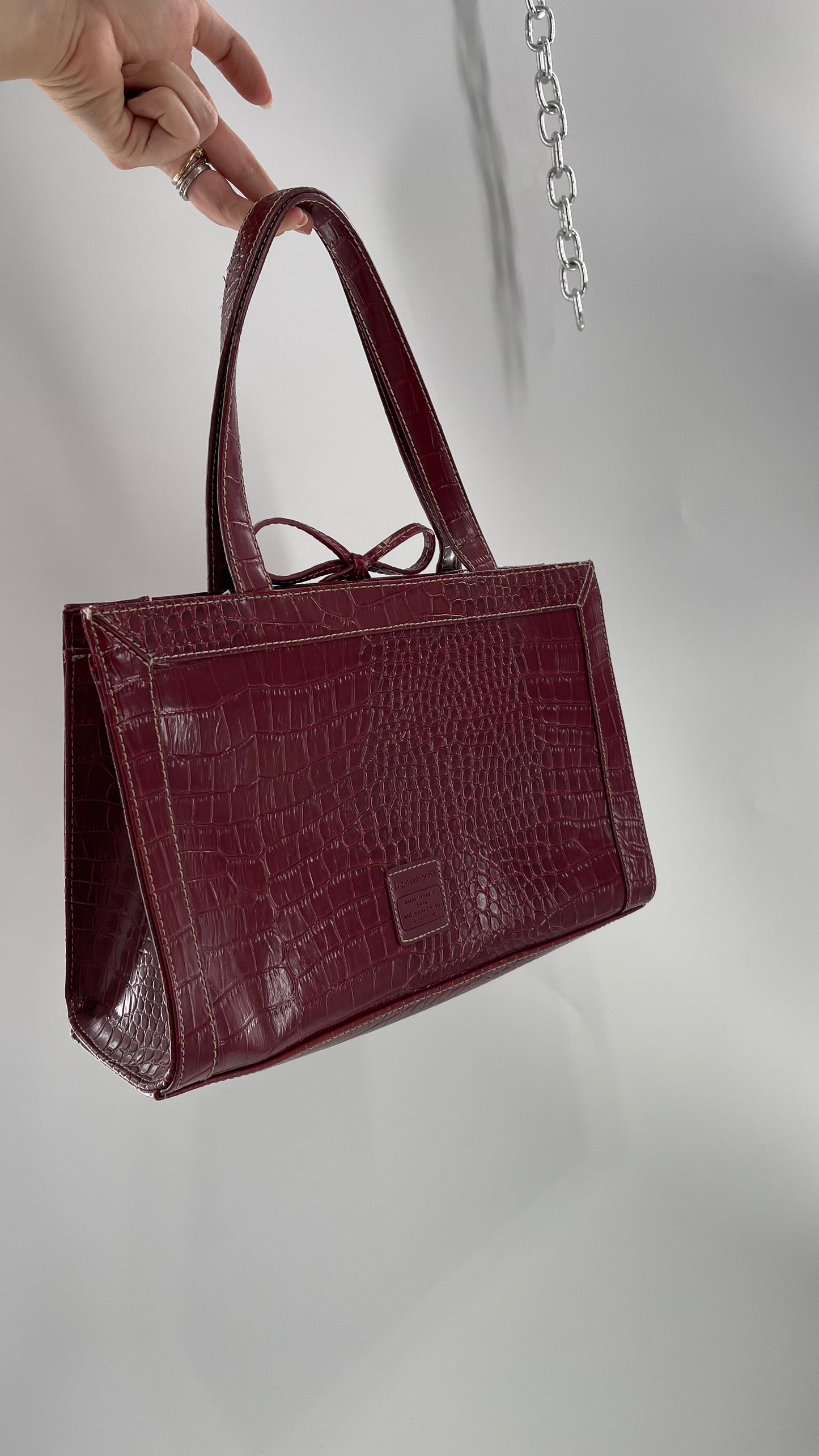 Vintage Liz Claiborne 1990s Cherry Red Crocodile Embossed Structured Bow Bag