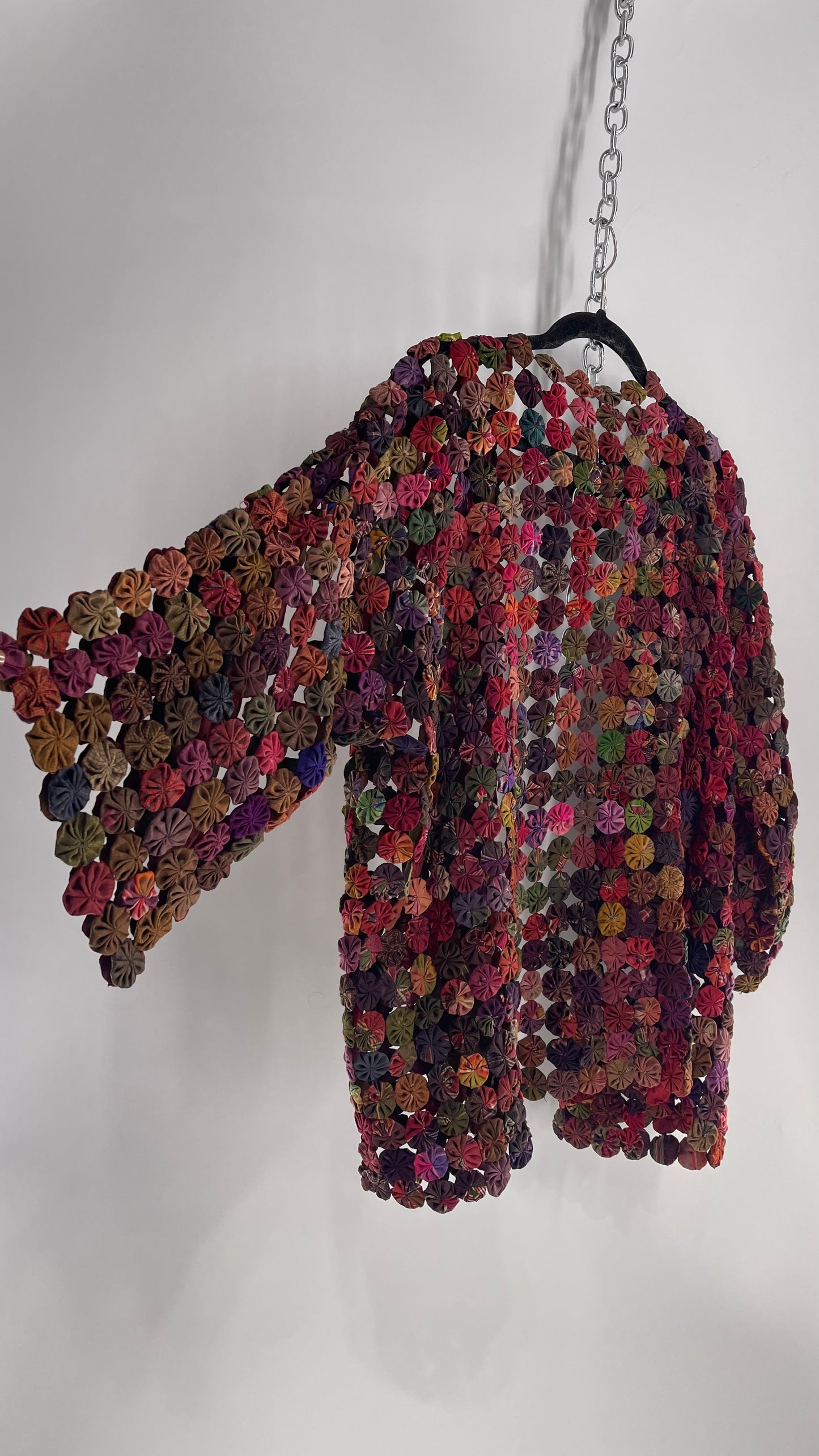 Vintage Handcrafted Multicolored Print Yo-Yo Quilt Kimono Sleeve Jacket, 1970s Thai 100% Silk