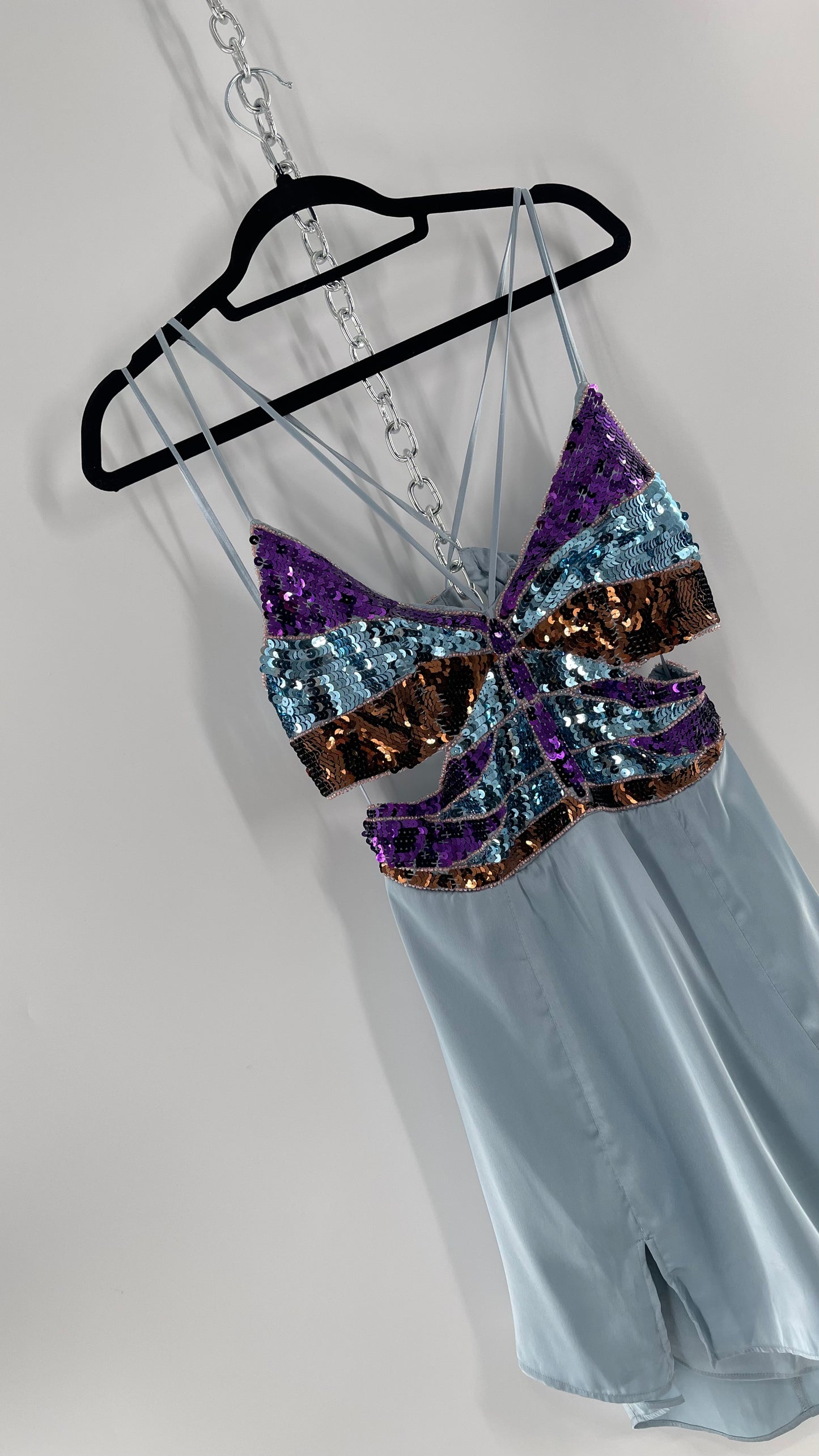Urban Outfitters Light Blue Satin Butterfly Sequin Size L