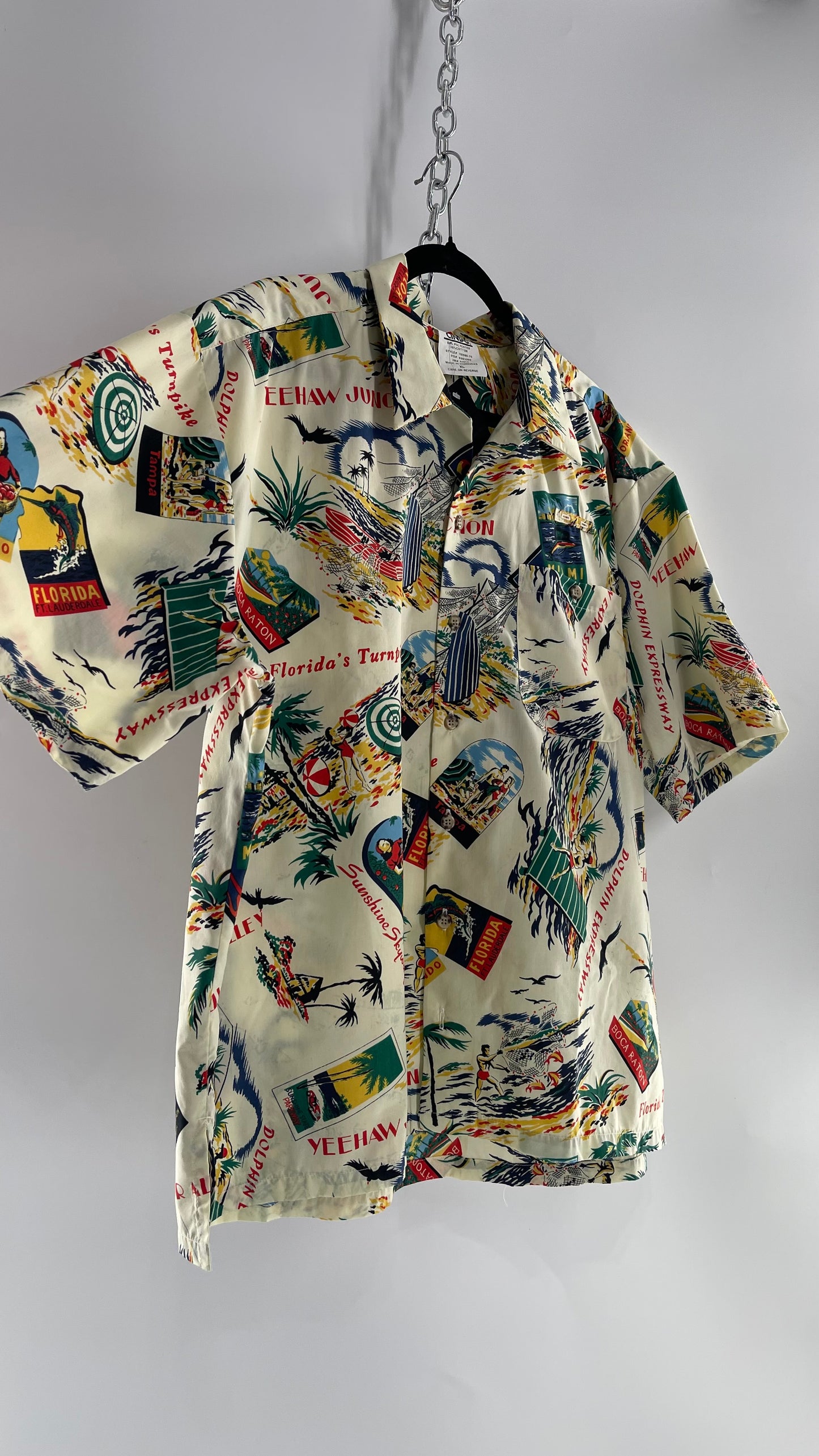 Vintage Men’s Tourist Post Card Button Up Short Sleeve (XL)
