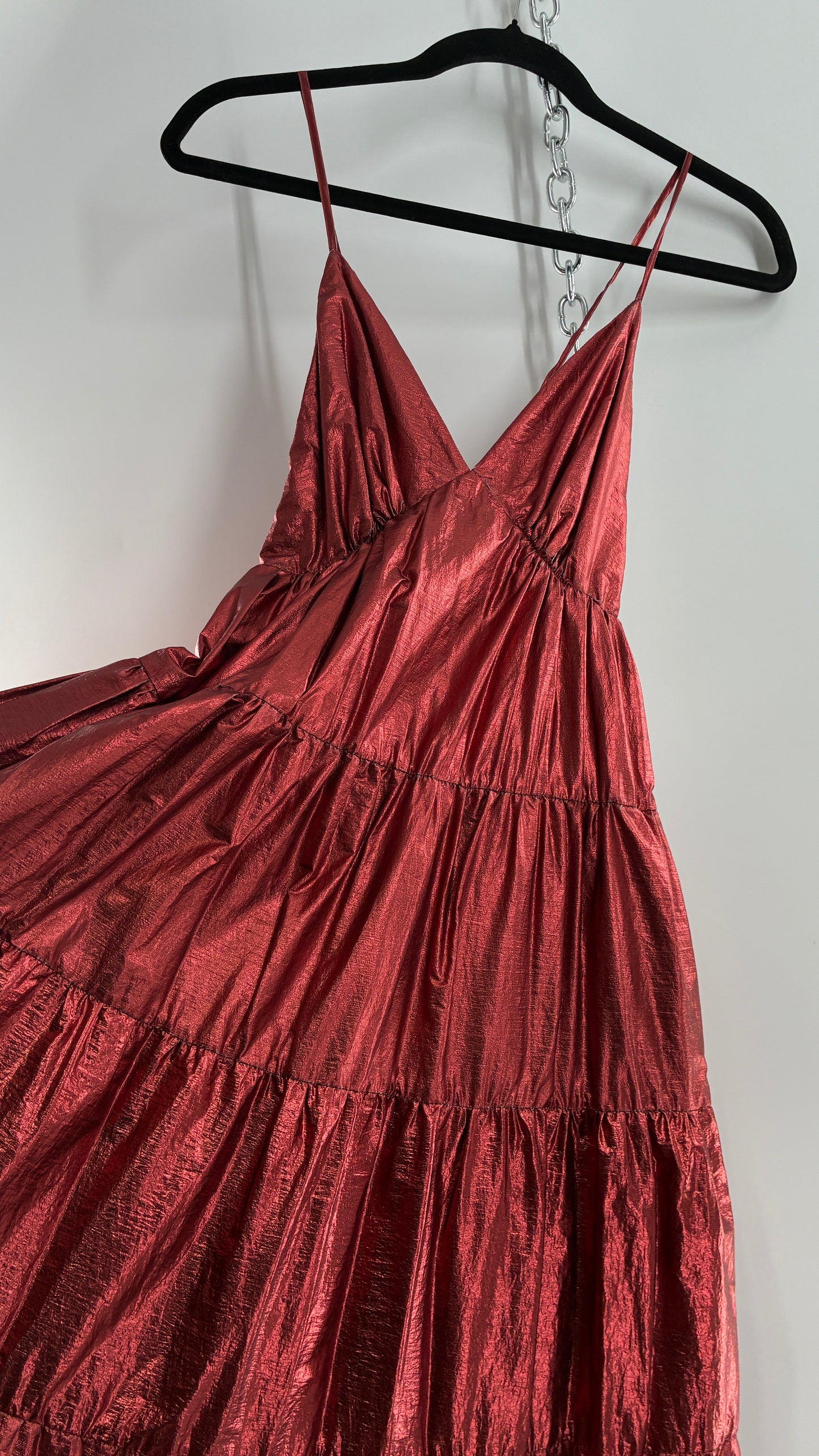 HUTCH Red Metallic Tiered Voluminous Maxi Gown (XS)