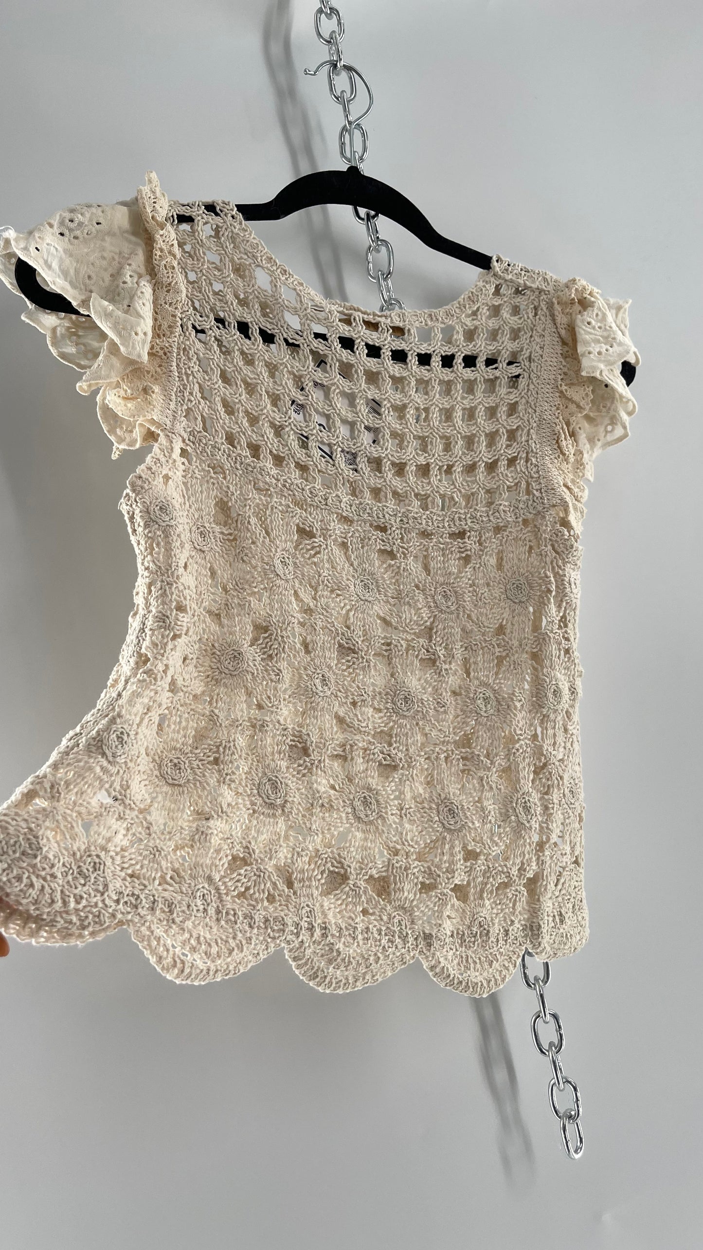 Bishop + Young Anthropologie Crochet Tank with Scalloped Hem and Lace Lined Sleeves (Small)