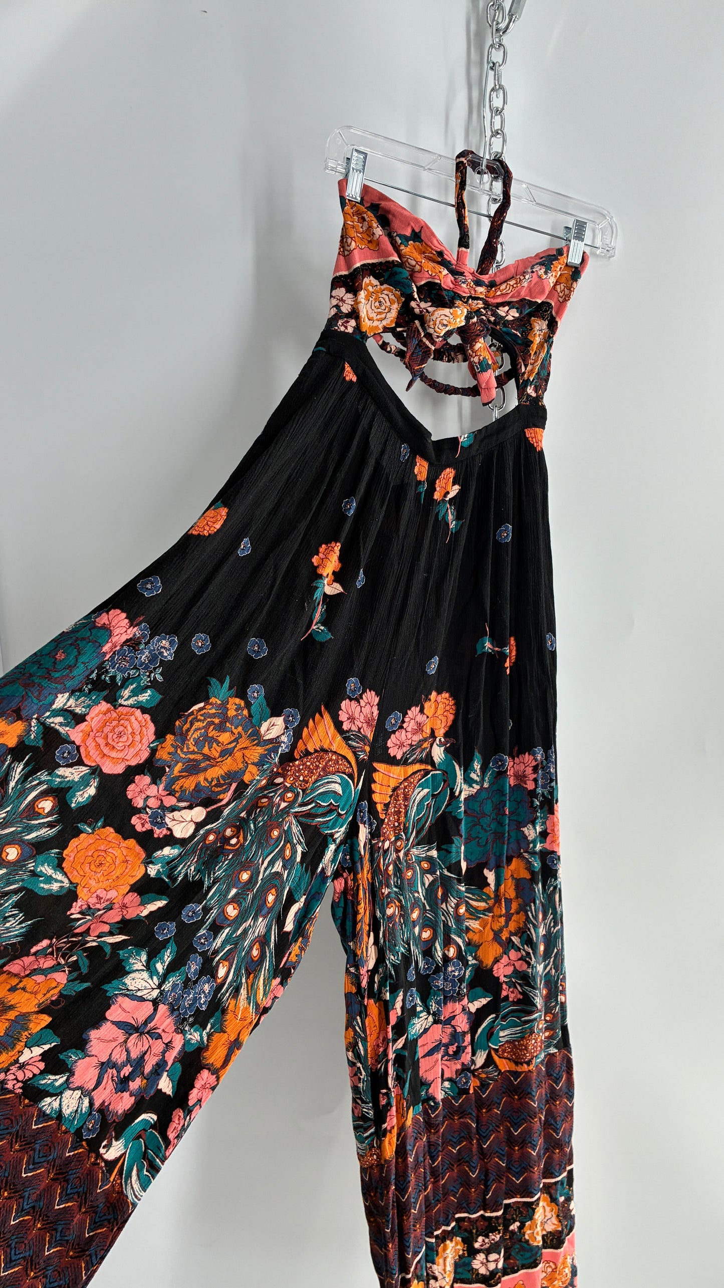 Free People Wide Leg Black Jumpsuit with Contrast Florals (Small)