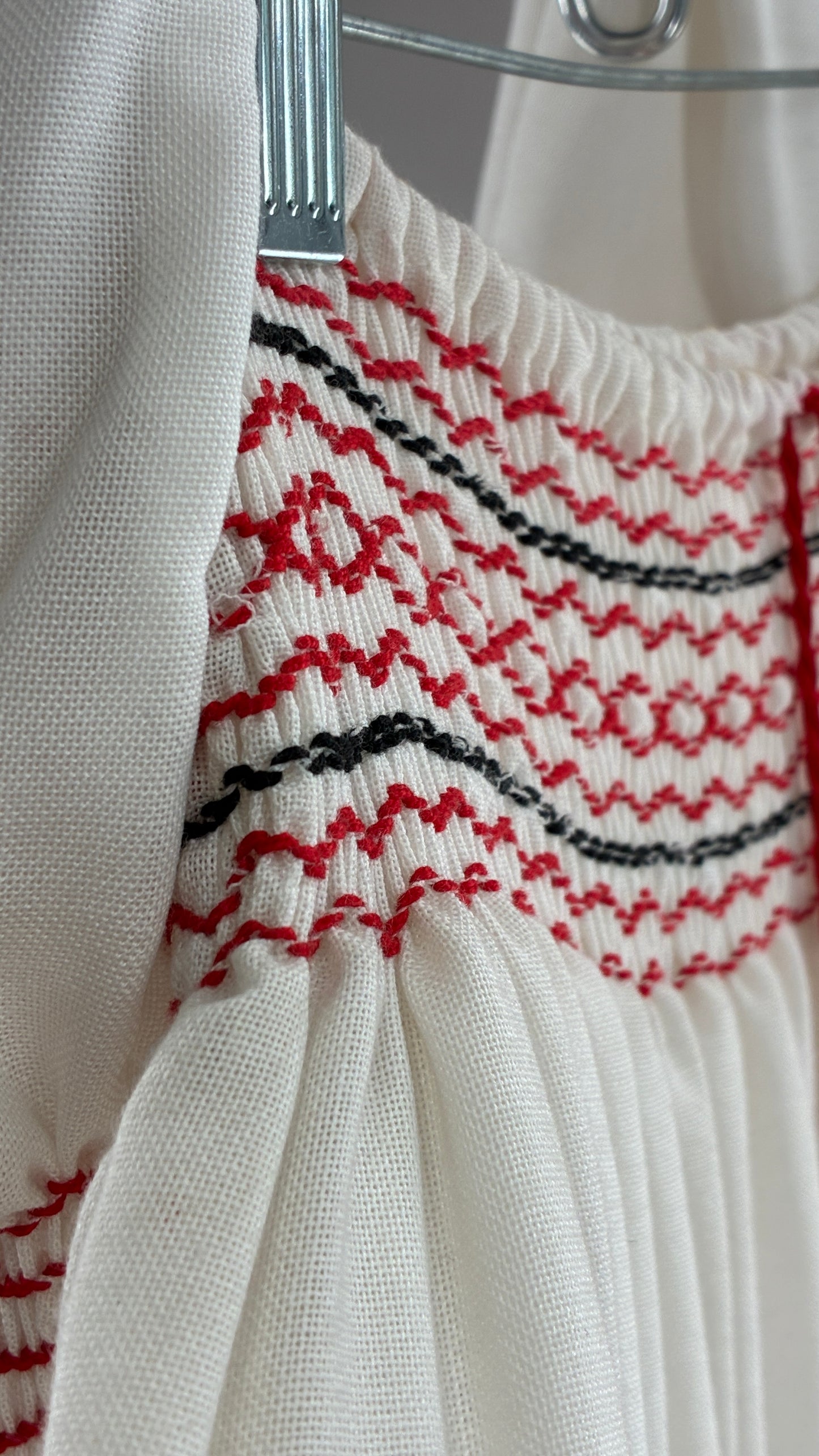 Vintage 1970s LUX FOLKLOR Budapest Handmade Cotton Long Sleeve and Skirt Covered in Red Embroidery and Stitching