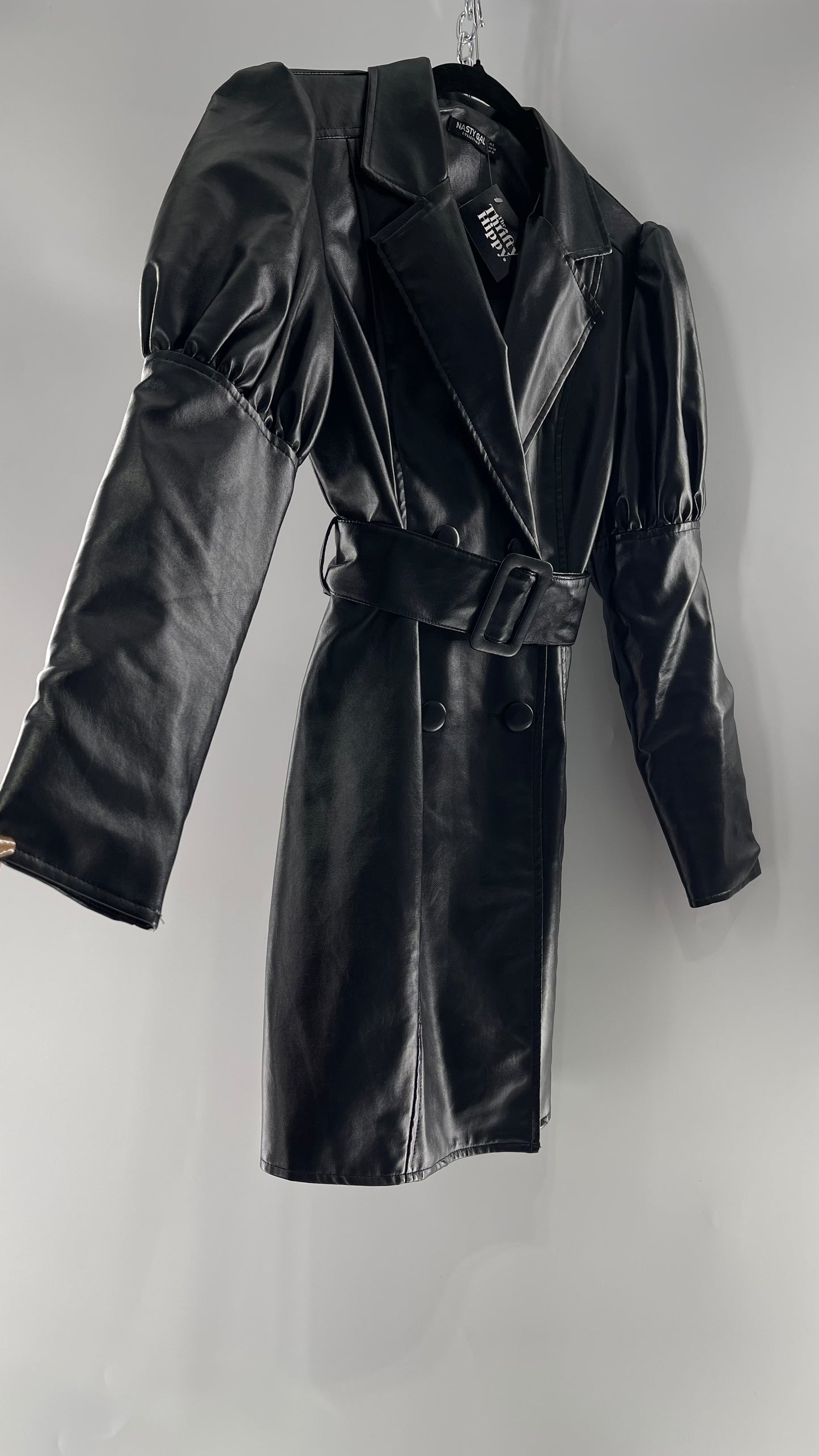 NASTYGAL Black Patent Pleather Puff Shoulder Belted Trench Coat (C)(6)
