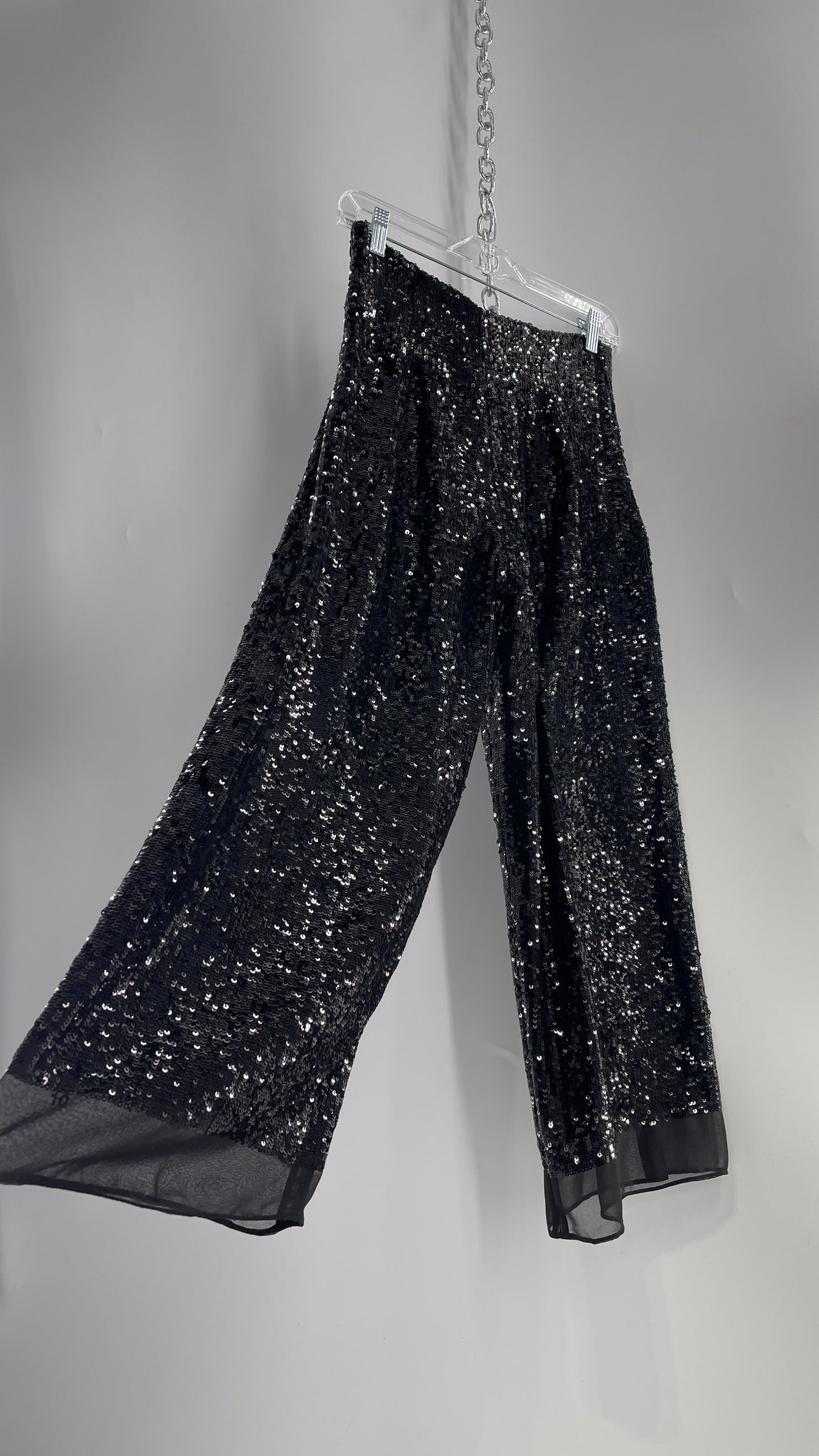 ZARA STUDIO Black Sequin Pijama Trouser with Chiffon Hem and Ribbon Lined Waist (Medium)