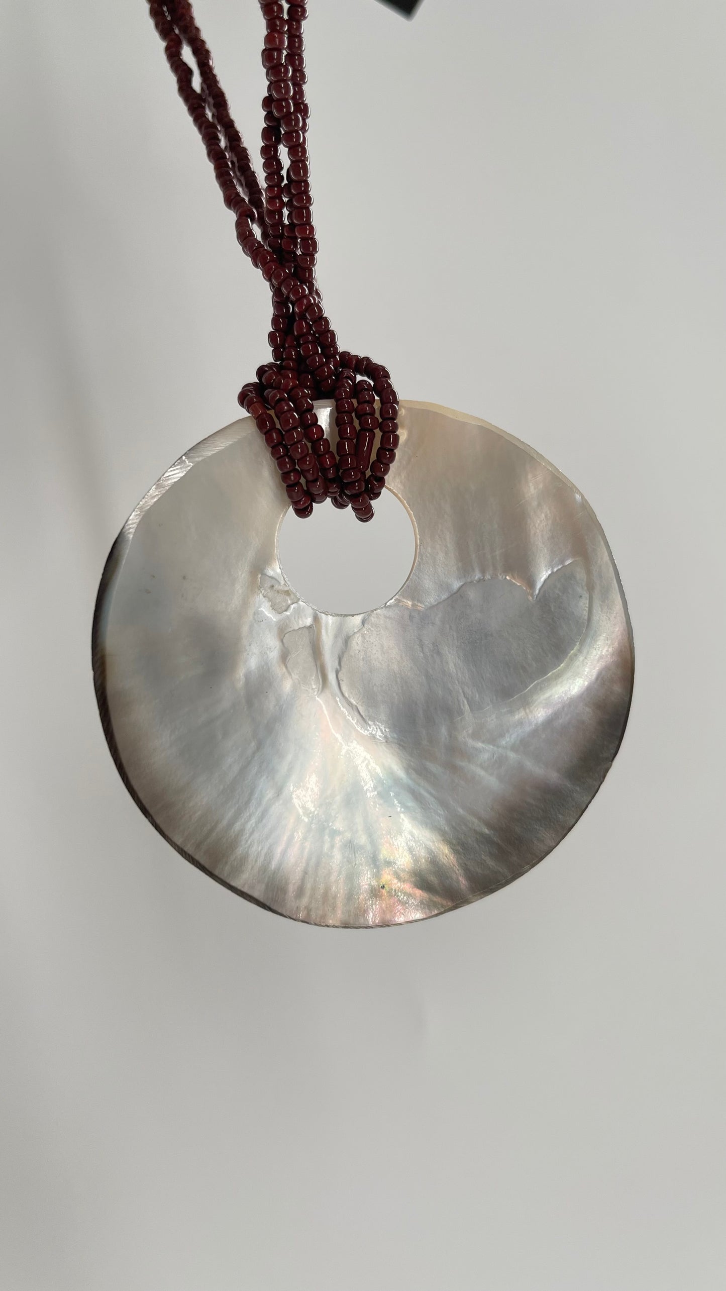Vintage 1990s Burgundy Beaded Choker with Statement Iridescent Shell Pendant