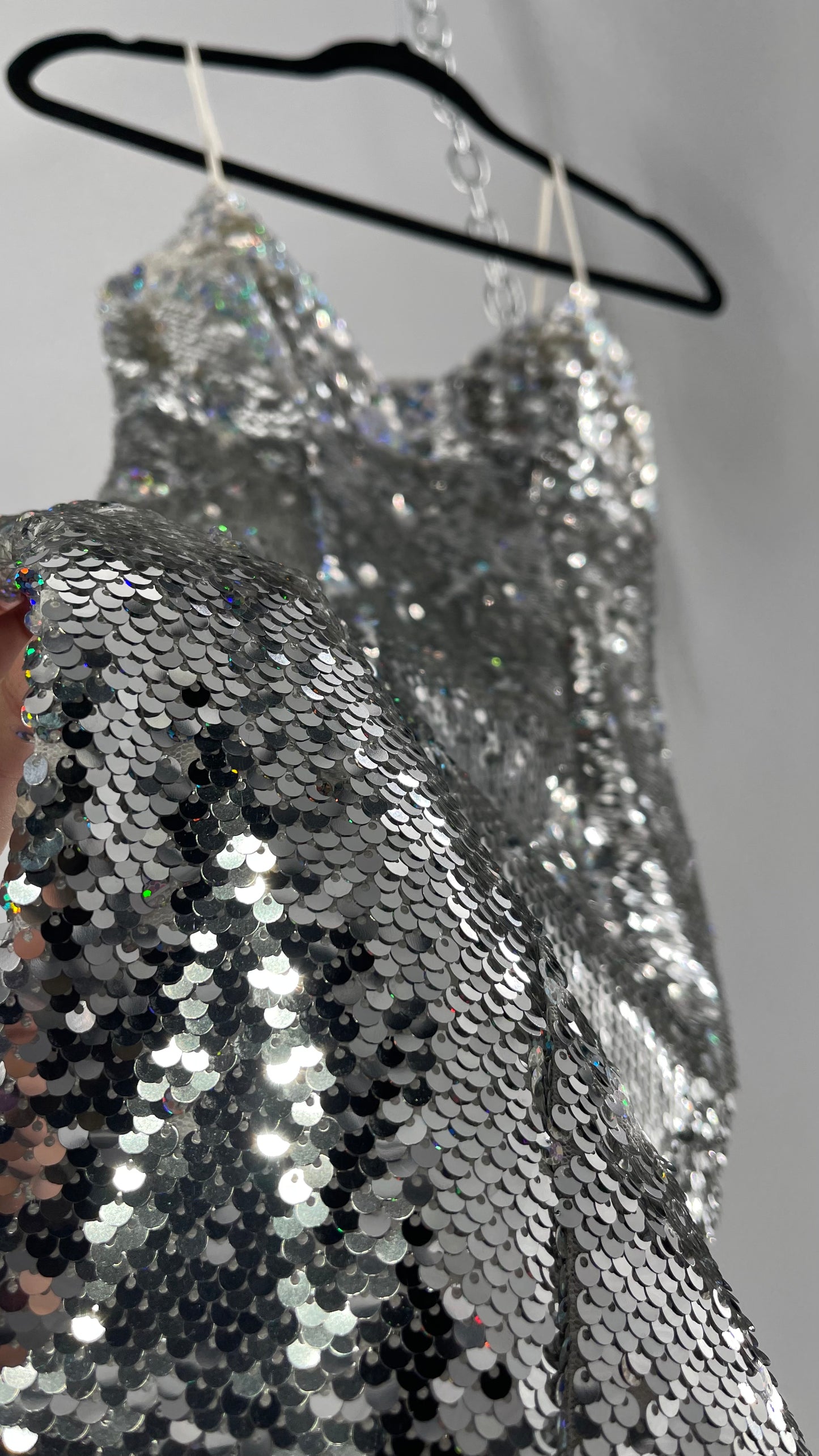 Princess Polly Silver Iridescent Sequin Mini Dress with Triangle Cups and Thigh Slit (0)