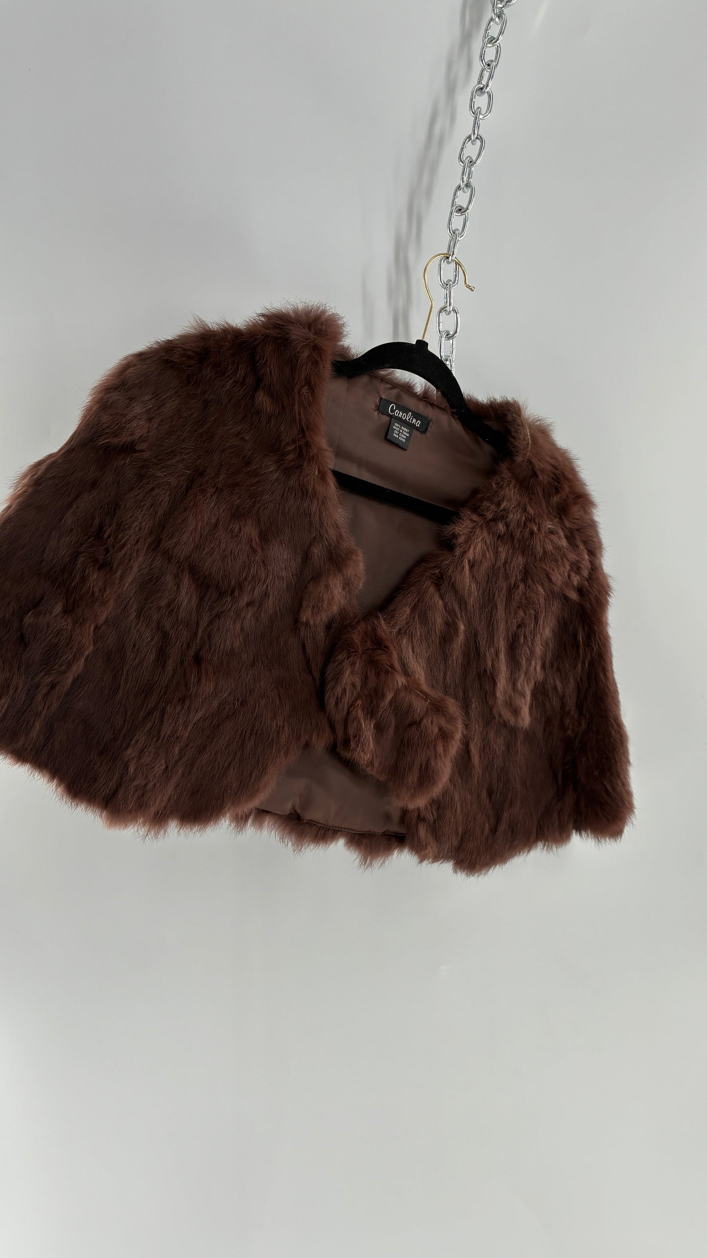 Vintage CAROLINE 100% Rabbit Fur Brown Shrug Cape with Oversized Round Buckle (One Size)