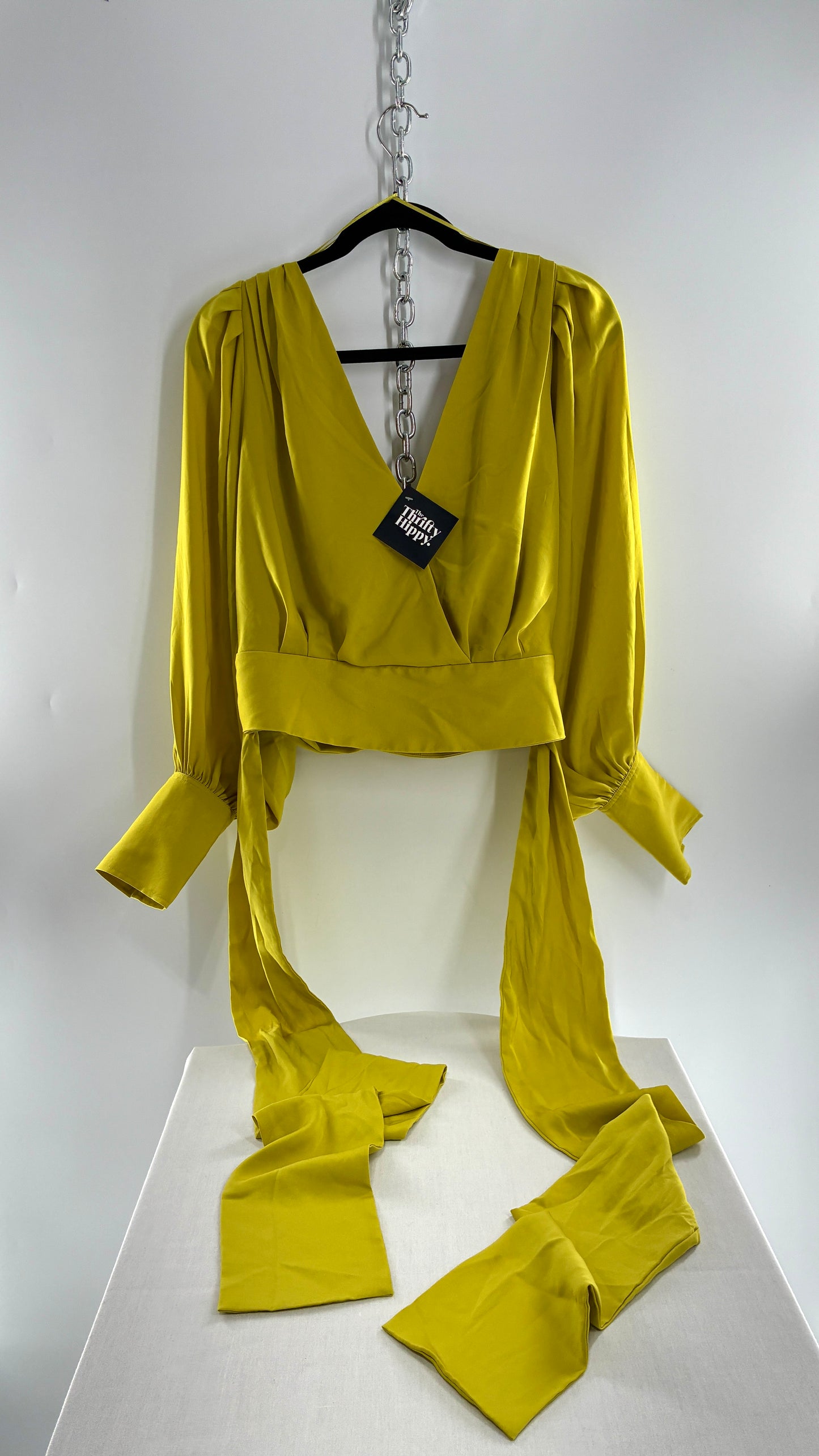 BANANA REPUBLIC Balloon Sleeve Chartreuse Green Wrap Around Blouse (10)