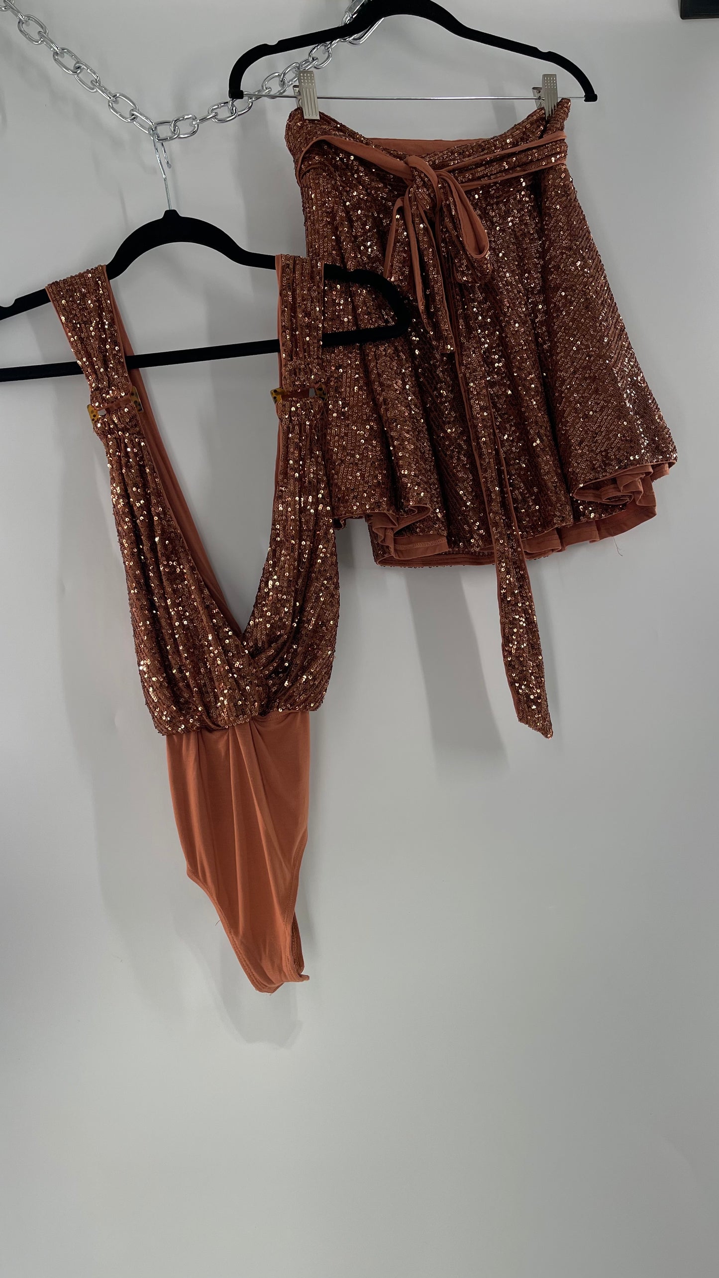 Free People Bronze Sequin 2Piece Set with Wrap Around Skirt and Bodysuit (XS body, S Skirt)
