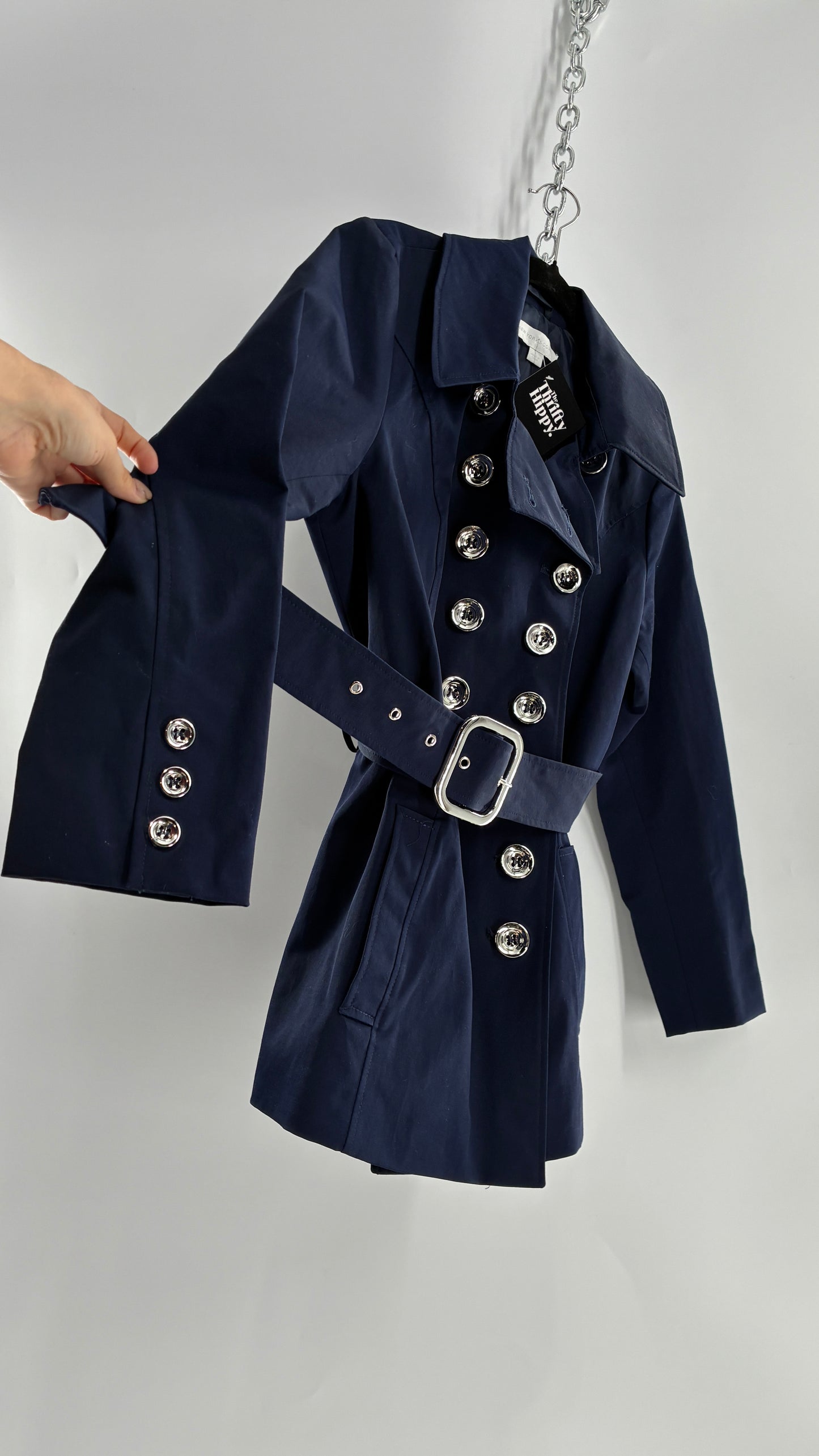New York & Company Deep Navy Coat with Double Breasted Silver Buttons and Oversized Silver Buckle (Large)