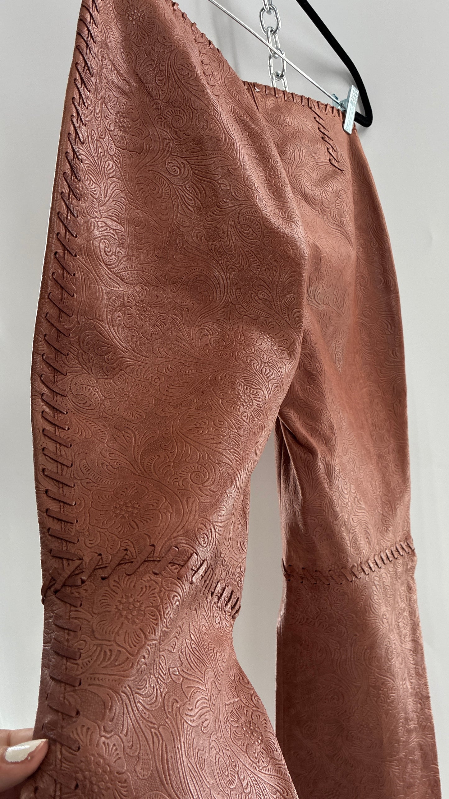 Vintage Embossed Paisley Patterned Genuine Leather Pants with Stitching Details (No Label Unbranded, S)
