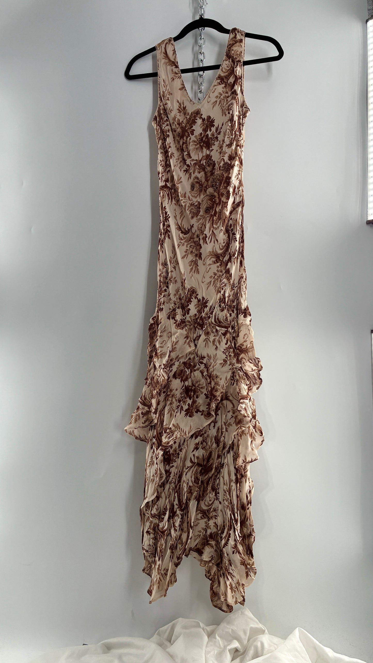 Vintage MAJICK 1990s Brown Floral, Asymmetric Ruffled Hem Gown with Embroidered Sequin Details (Medium)