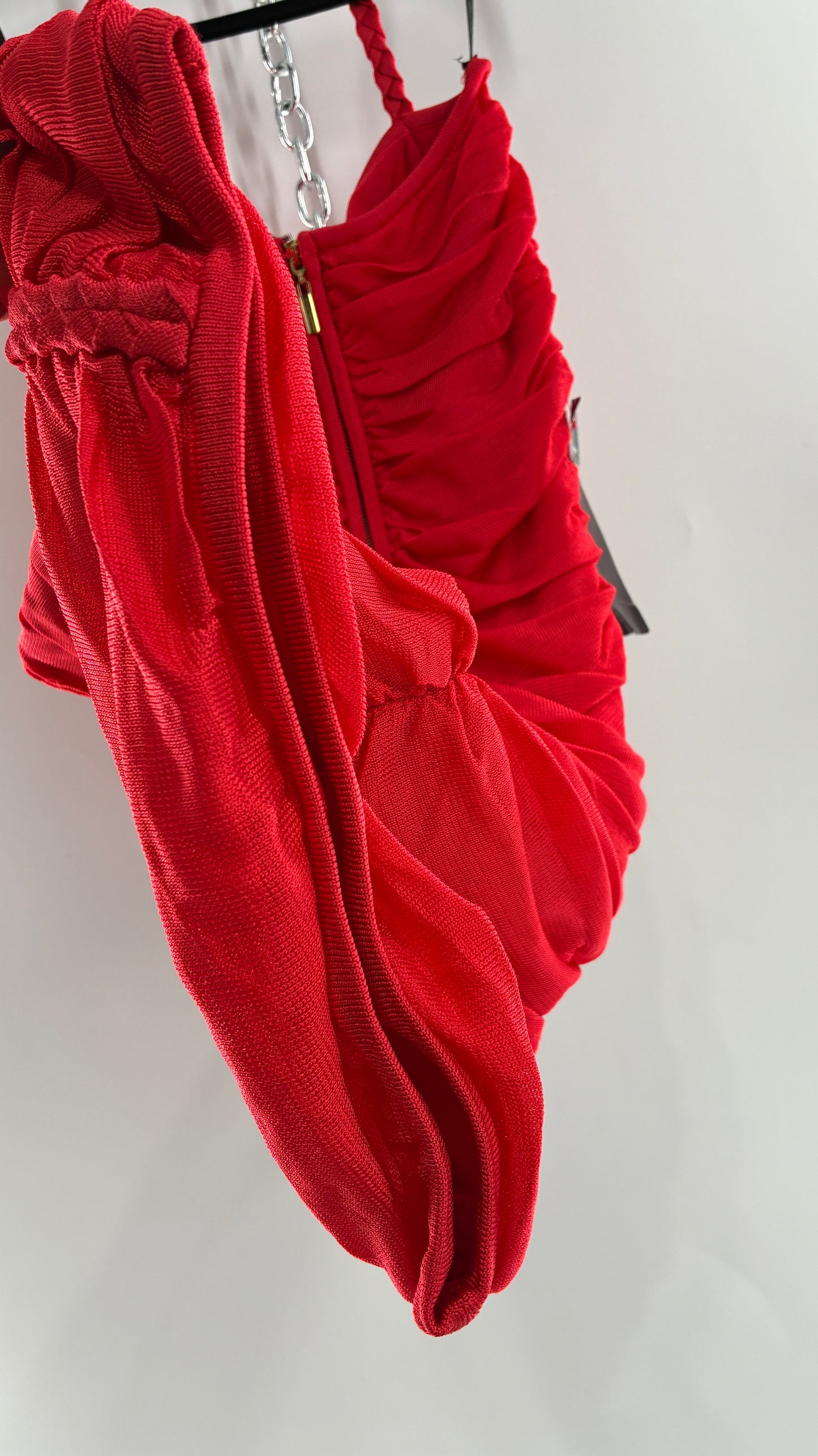 Deadstock Vintage BEBE Red Heavy/Thick Ruched and Roped Mini Dress (Medium)