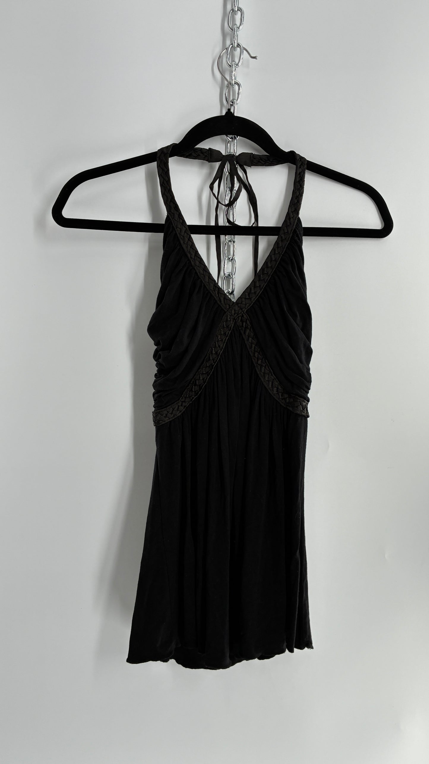 Vintage 1990s Dating Clothing Black Halter with Braided Detail (Small)