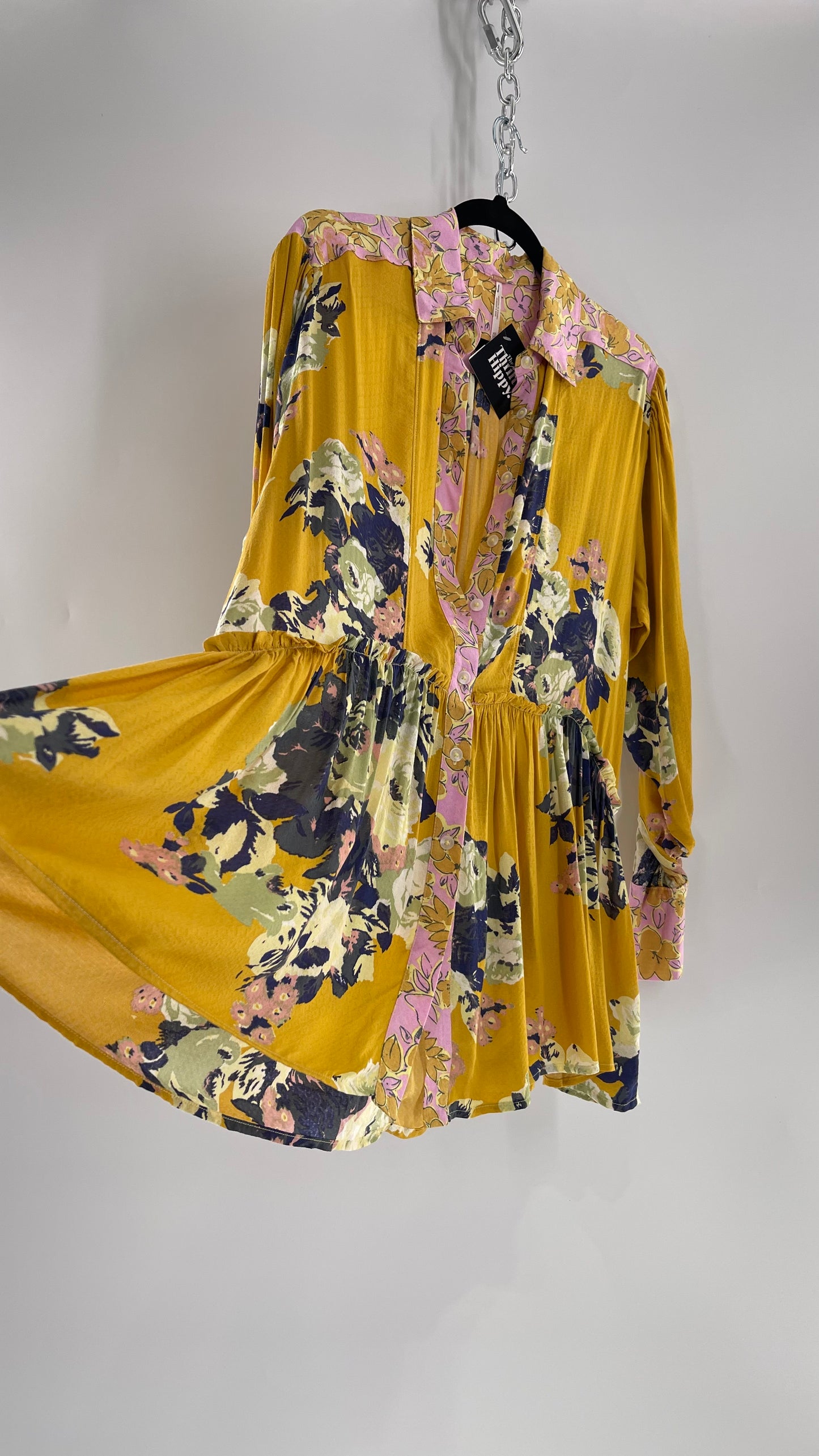 Free People Oversized Button Up Contrast Pattern Yellow Floral Blouse (XS)
